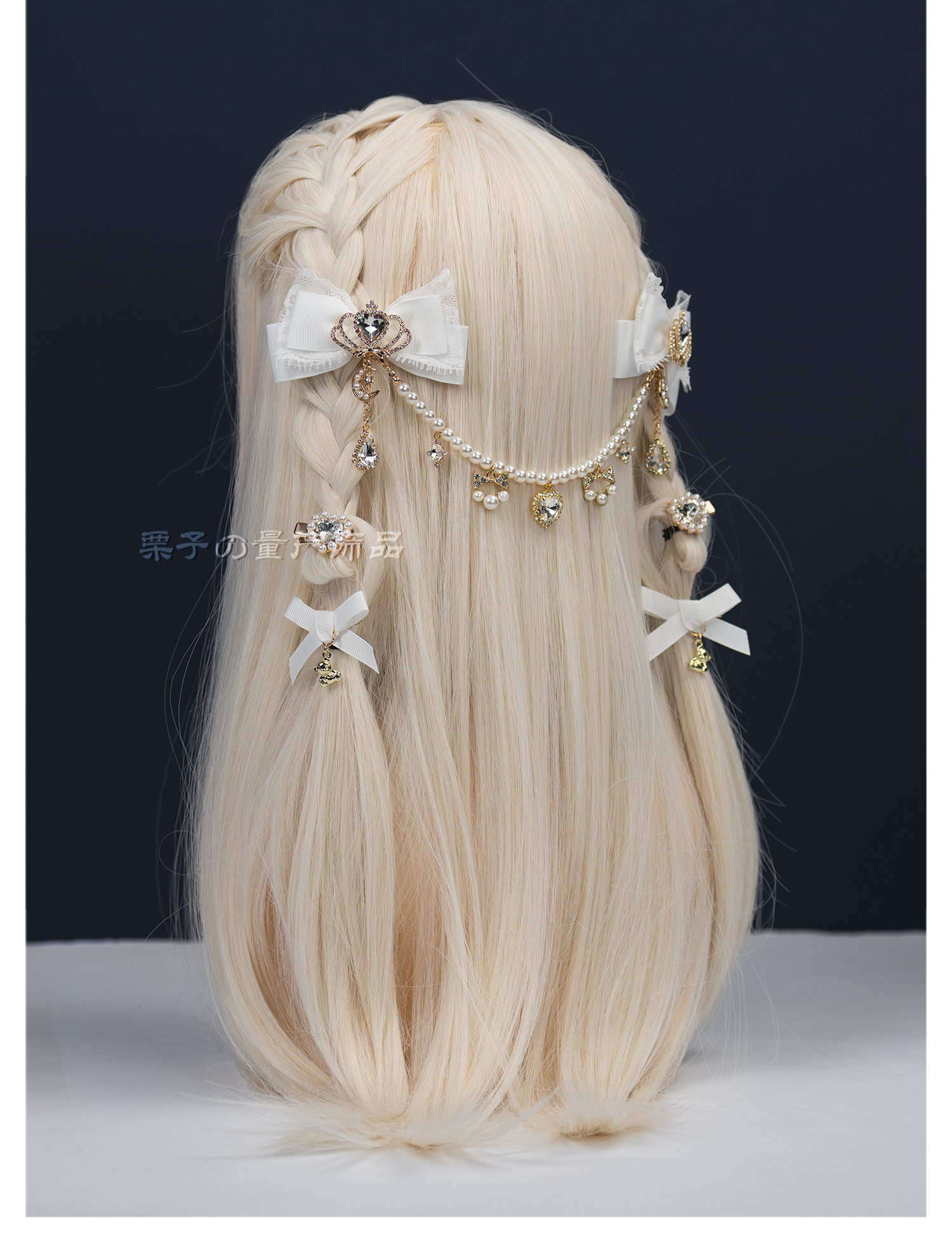 White Jirai Kei bow hair clips with pearl rhinestone chain romantic ethereal feminine styling