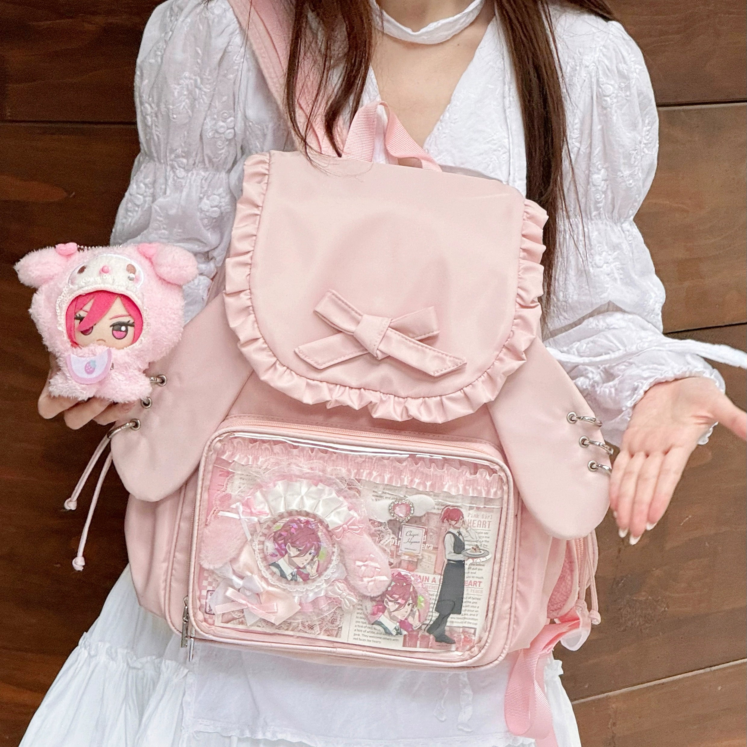 Jirai Kei itabag backpack detail view of ruffled trim and decorative elements emphasizing cute aesthetic design