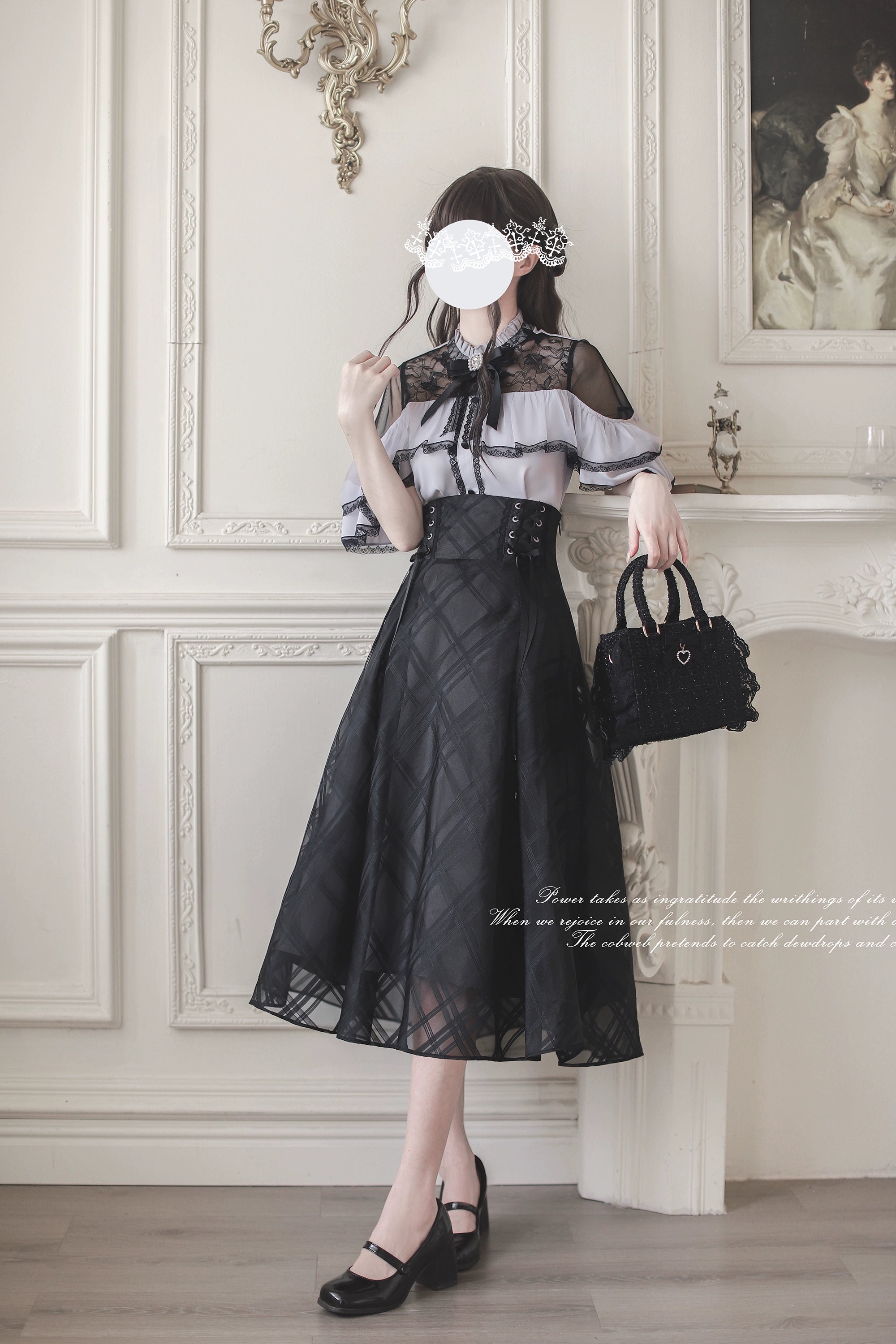 Complete Jirai Kei blouse and maxi skirt set full side view, model wearing black mary jane pumps carrying handbag against vintage wall panel interior