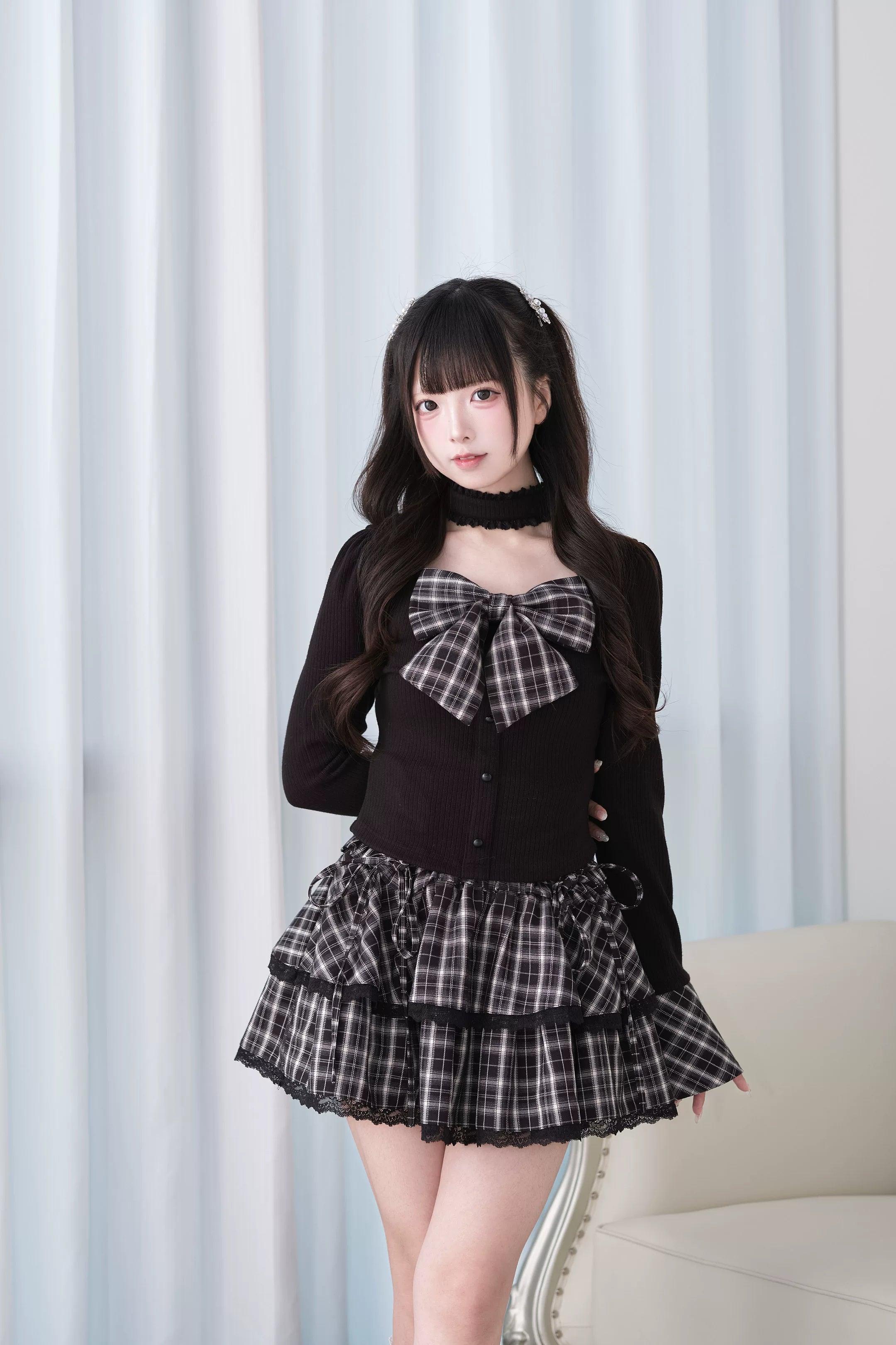 Black Jirai Kei choker knit top layered plaid skirt flared cuffs front full body studio view