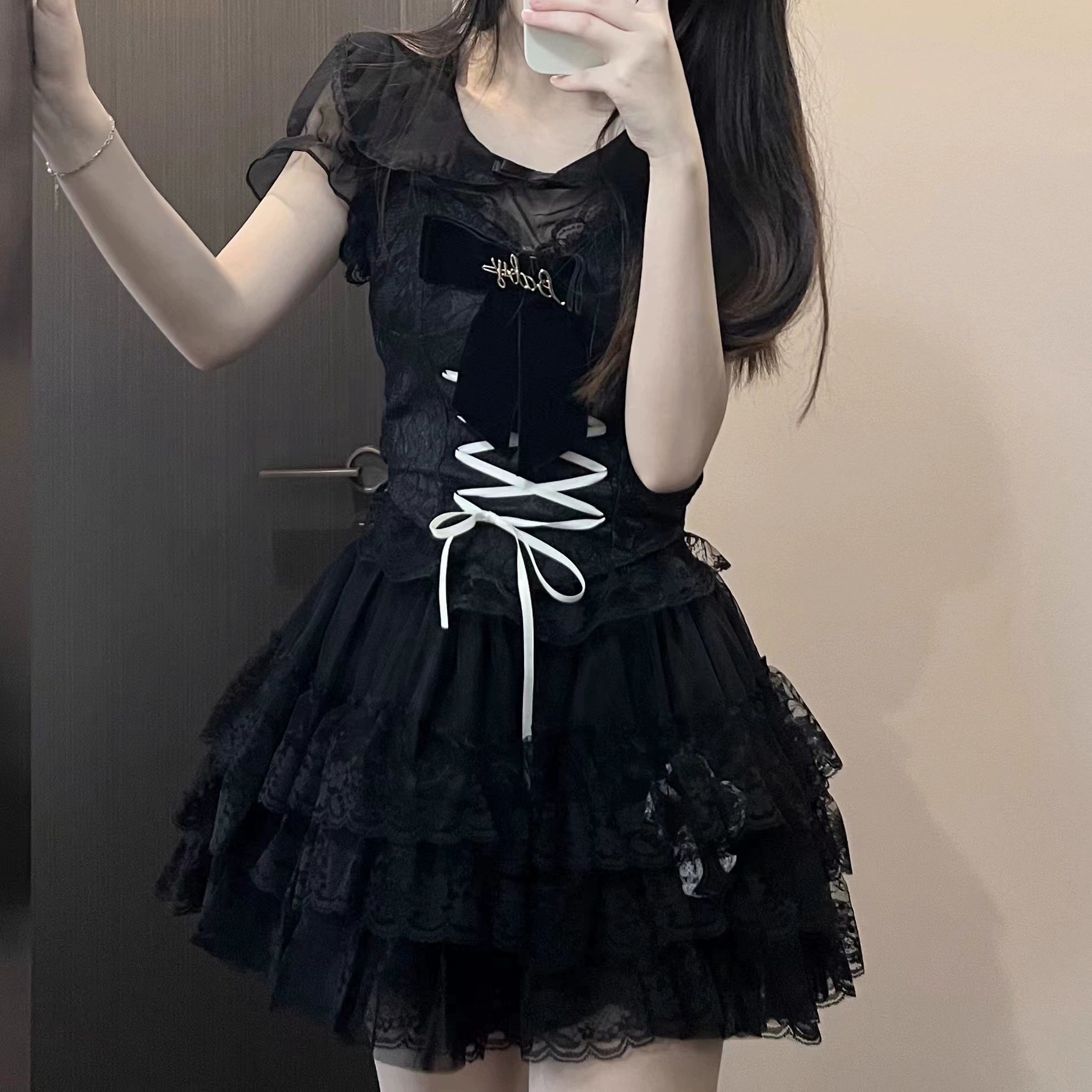 Black Jirai Kei skirt with multi-layered lace tulle construction and elastic waistband - standalone skirt piece display