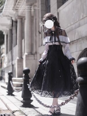 Jirai Kei dark romance lace blouse high-waisted skirt set rear full-body view gothic lolita outfit vintage aesthetic