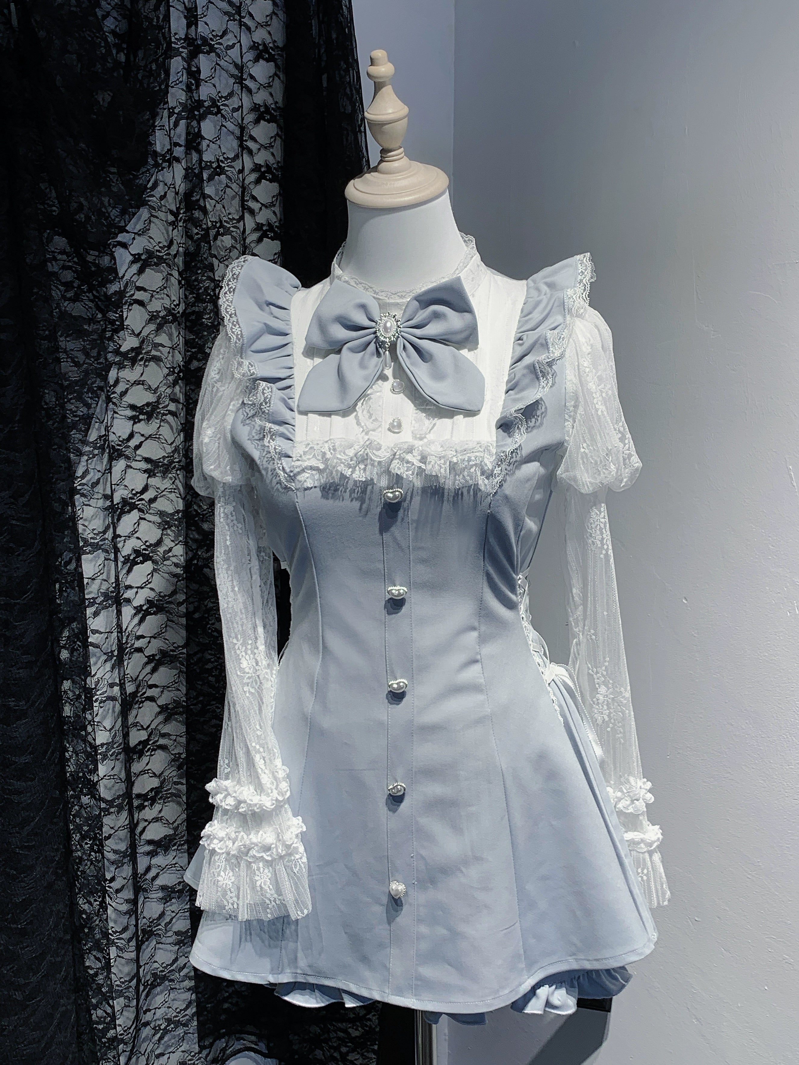 Water blue aqua Jirai Kei dress with matching elastic shorts lace ruffled sleeves detachable pearl bow and side drawstring waist adjustment showcase
