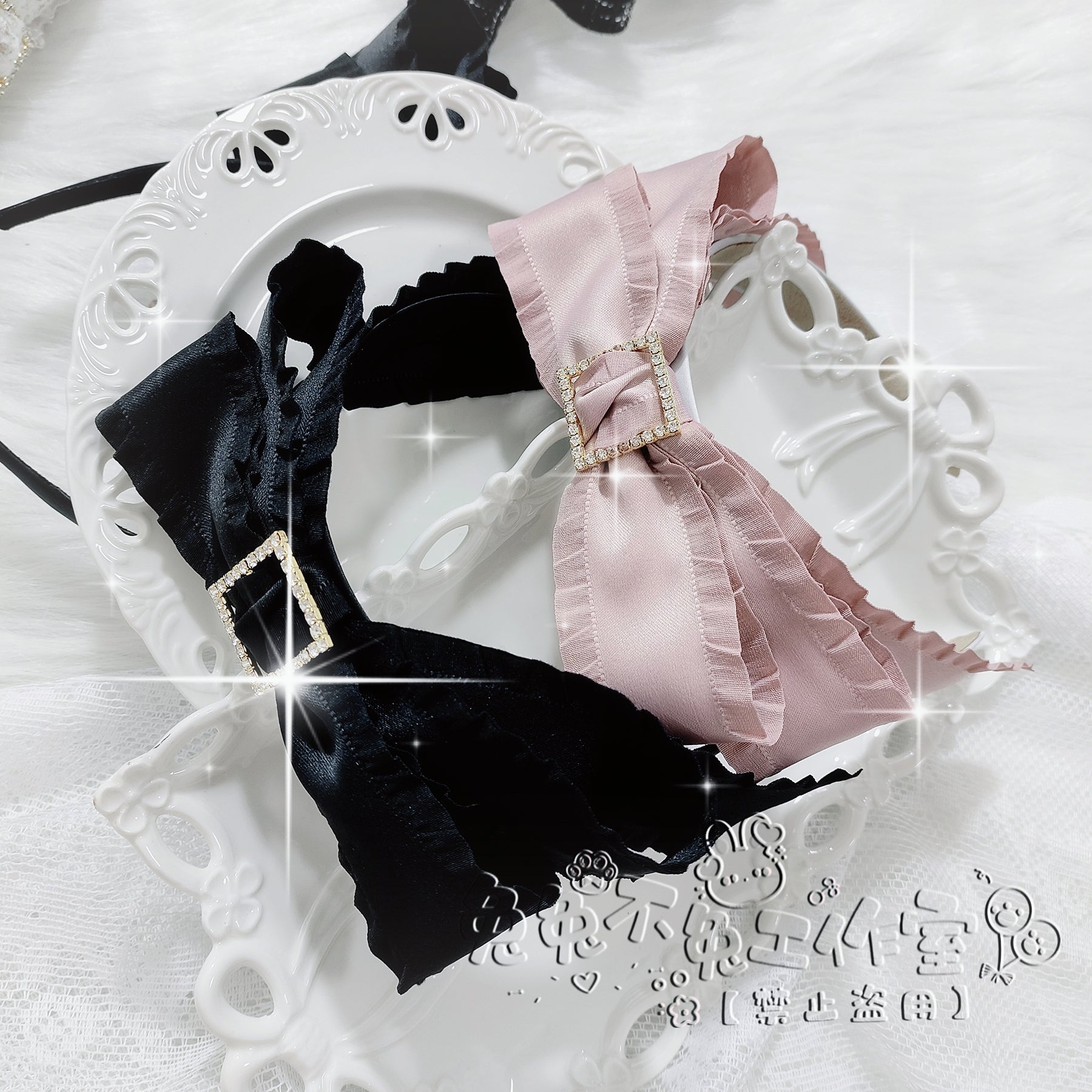 Pink and black satin Jirai Kei bow headbands with ruffled edges and rhinestone buckles porcelain