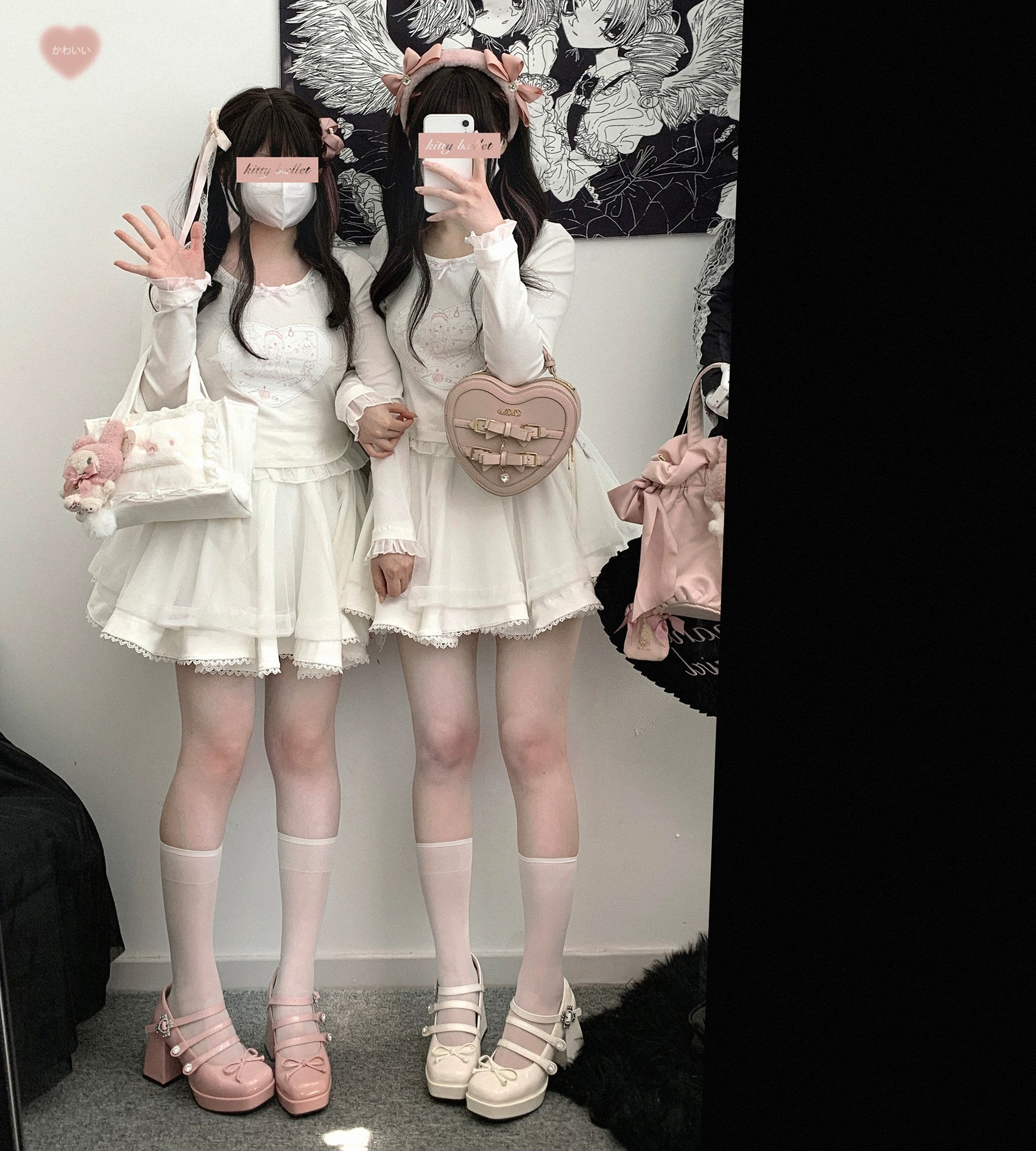 White ruffled tulle mini skirt with double-layer construction worn in full-body front mirror selfie by two girls in all-white sweet Lolita looks with platform Mary Jane shoes and decorative handbags