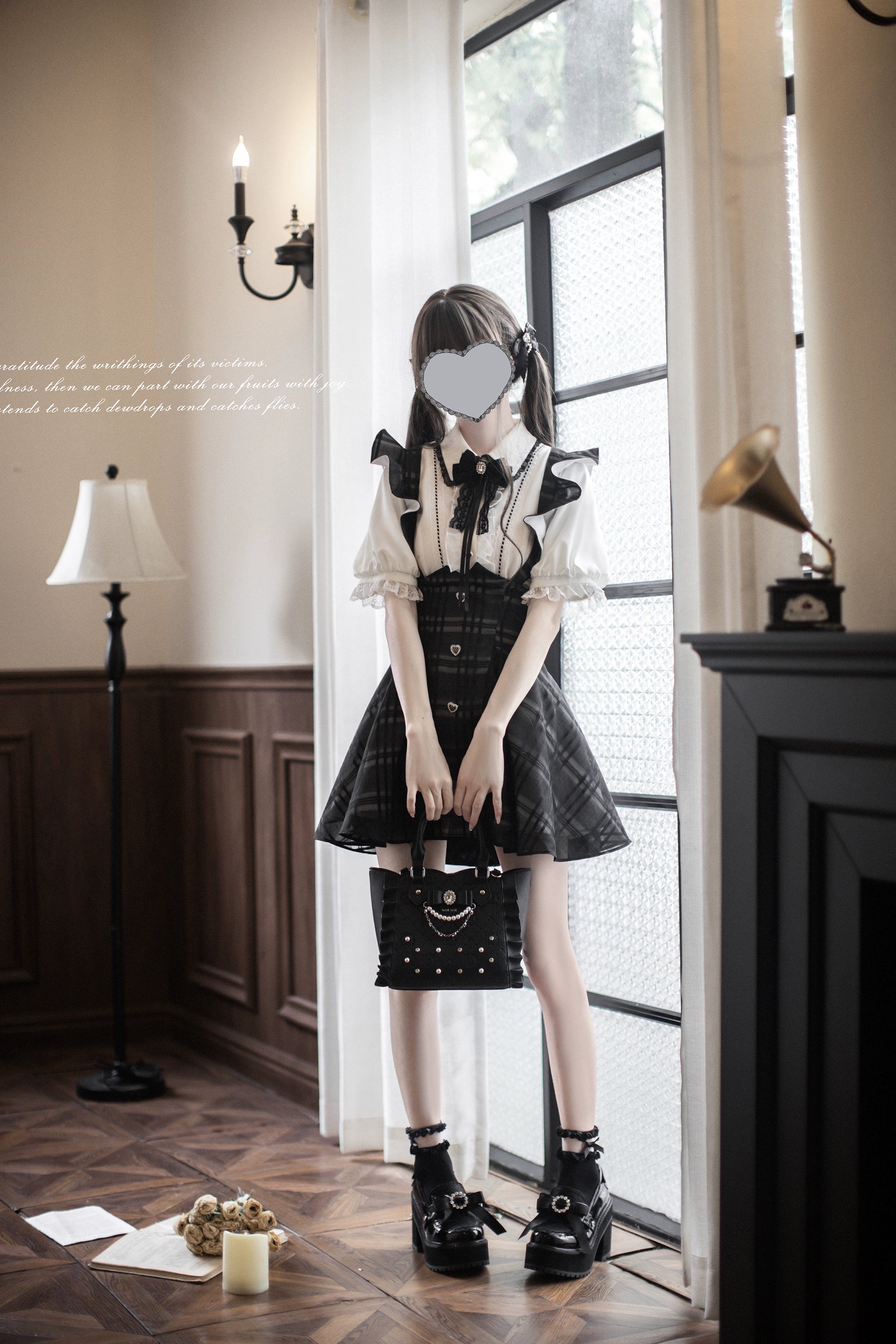 Black Plaid Jirai Kei Suspender Skirt, White Blouse - Image 17