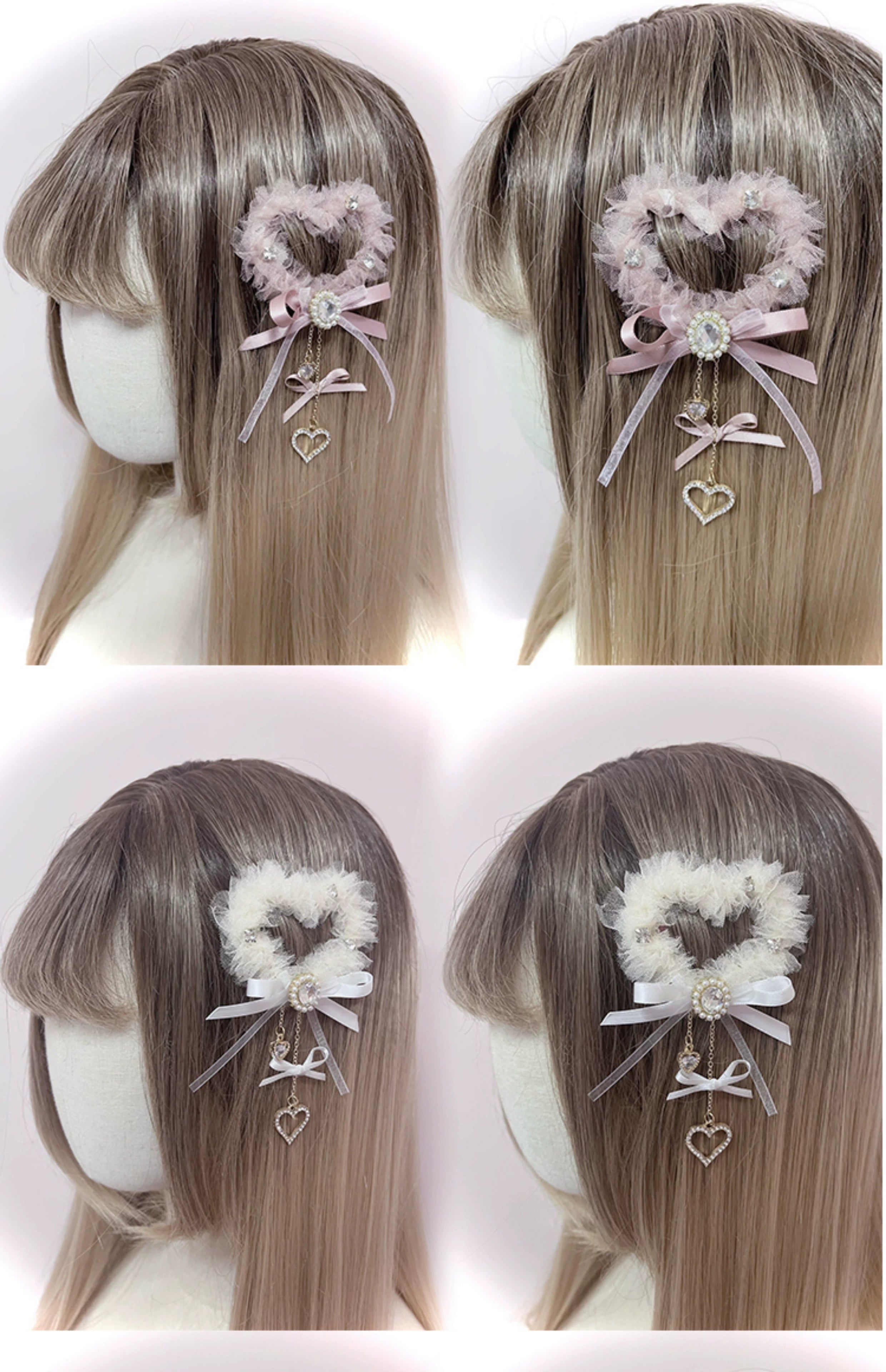 Mannequin wig display featuring pink, ivory, and black heart-shaped tulle hair clips with hanging heart charms
