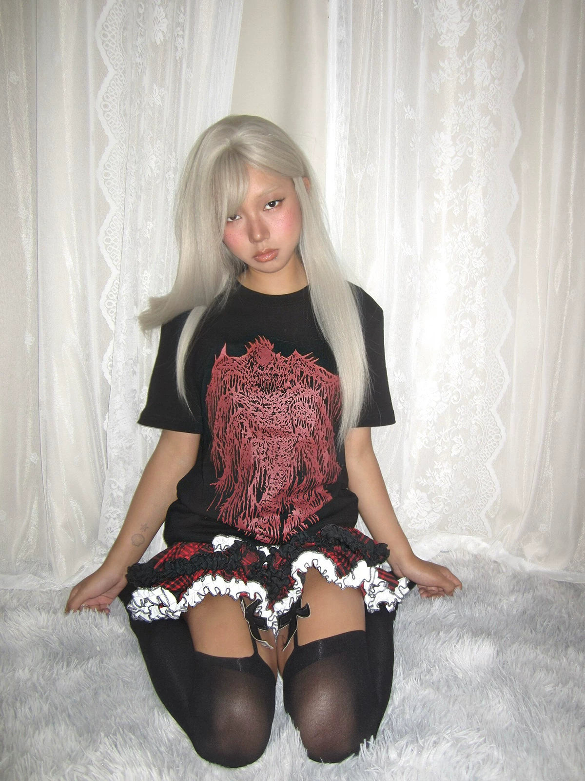 Black gothic cross print t-shirt red print version showcasing passion and rebellion aesthetic of jirai kei subculture fashion movement