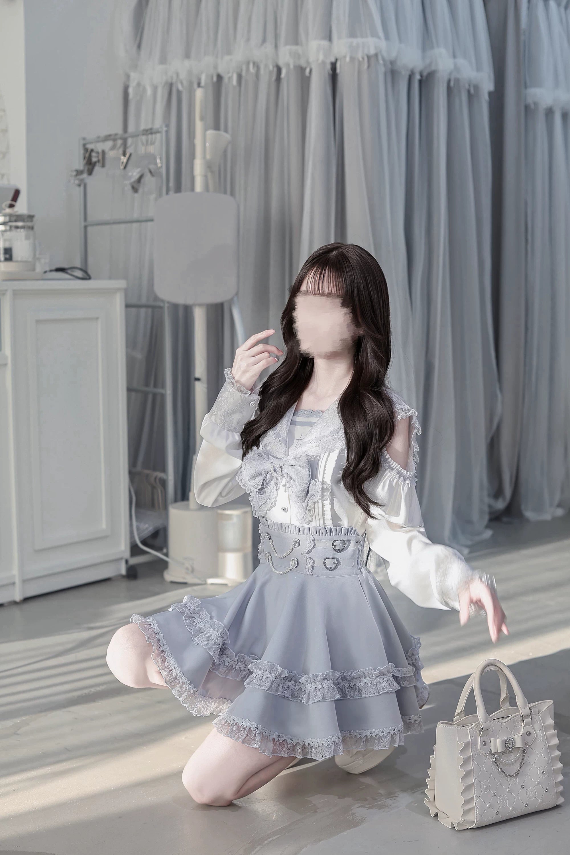 Ryousangata sailor collar jirai kei blouse and high-waist skirt complete two-piece set detail shot featuring lace trims embroidery and heart waist embellishments