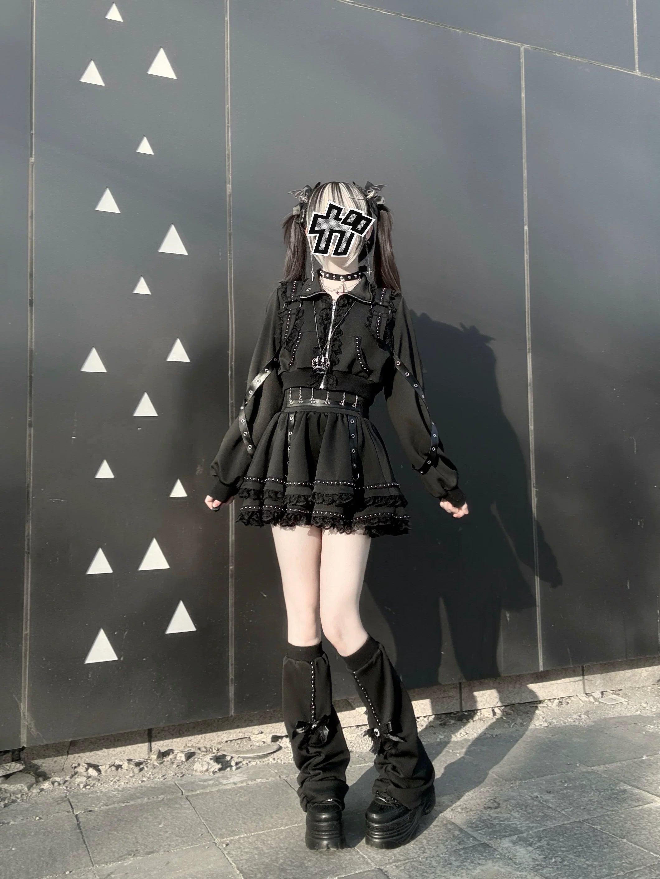 Gothic Jirai Kei jacket and mini skirt set with leg warmers three-piece ensemble dark alternative fashion statement