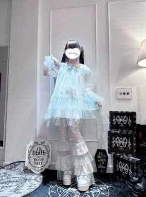 Ryousangata tulle polka dot blouse and pants set front full body view sweet lolita jirai kei pastel blue white