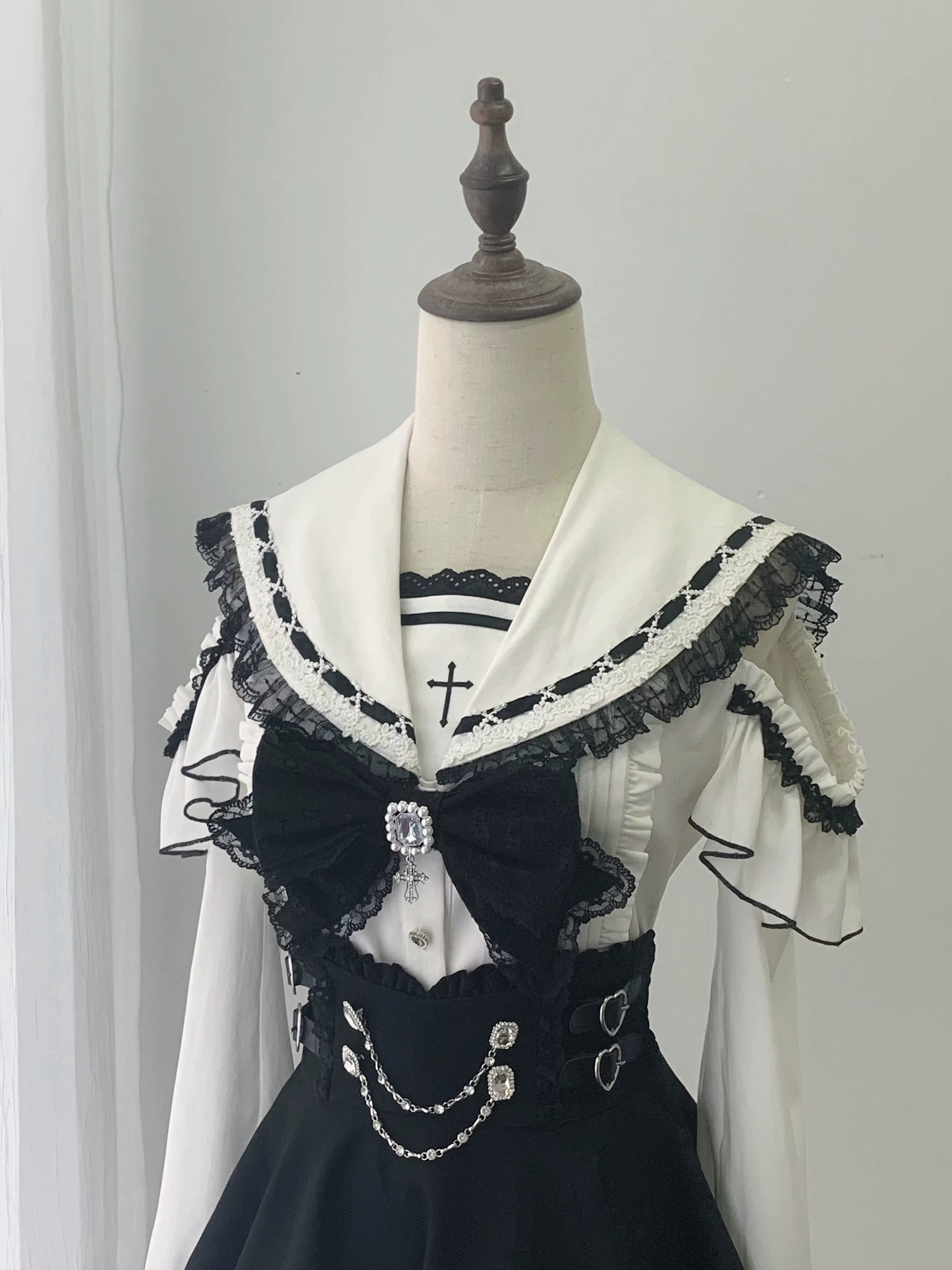 Blouse-only option of sailor collar Jirai Kei design featuring open shoulders, permanent rhinestone bow, and layered lace elements