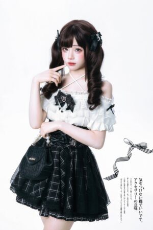 Jirai Kei halter neck off-shoulder white lace blouse with heart-shaped buttons front half-body view model