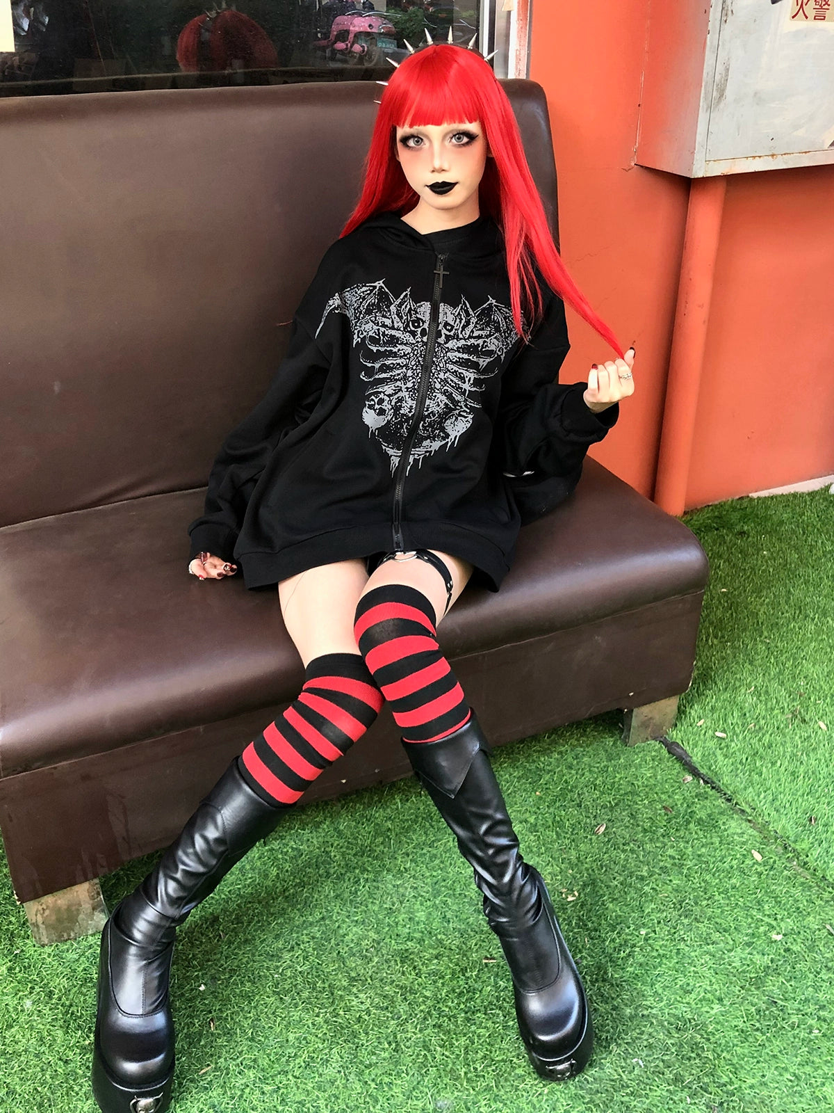 Jirai Kei hoodie side pocket detail, functional design feature on unisex goth punk sweatshirt, storage and silhouette enhancement for subculture aesthetic