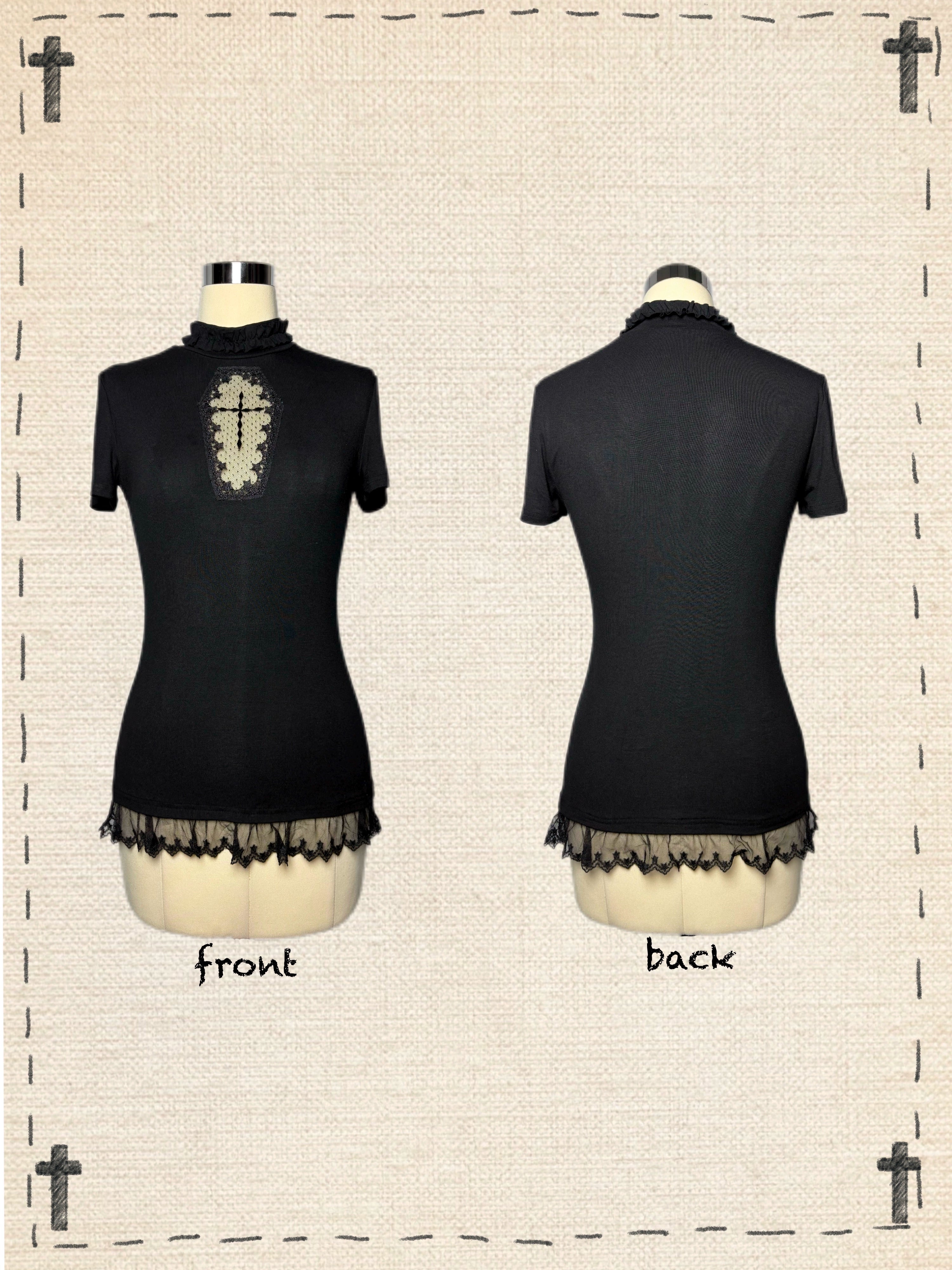 Jirai Kei black t-shirt only one size with cross stitching lace trim and gothic aesthetic design