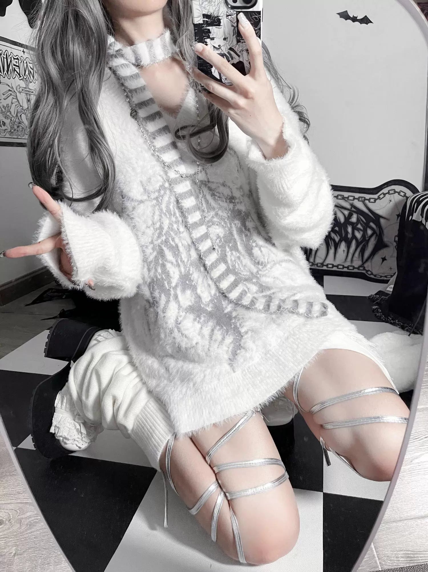 Jirai Kei sweater low angle checkered floor gothic room wavy grey hair leg warmers oversized fit
