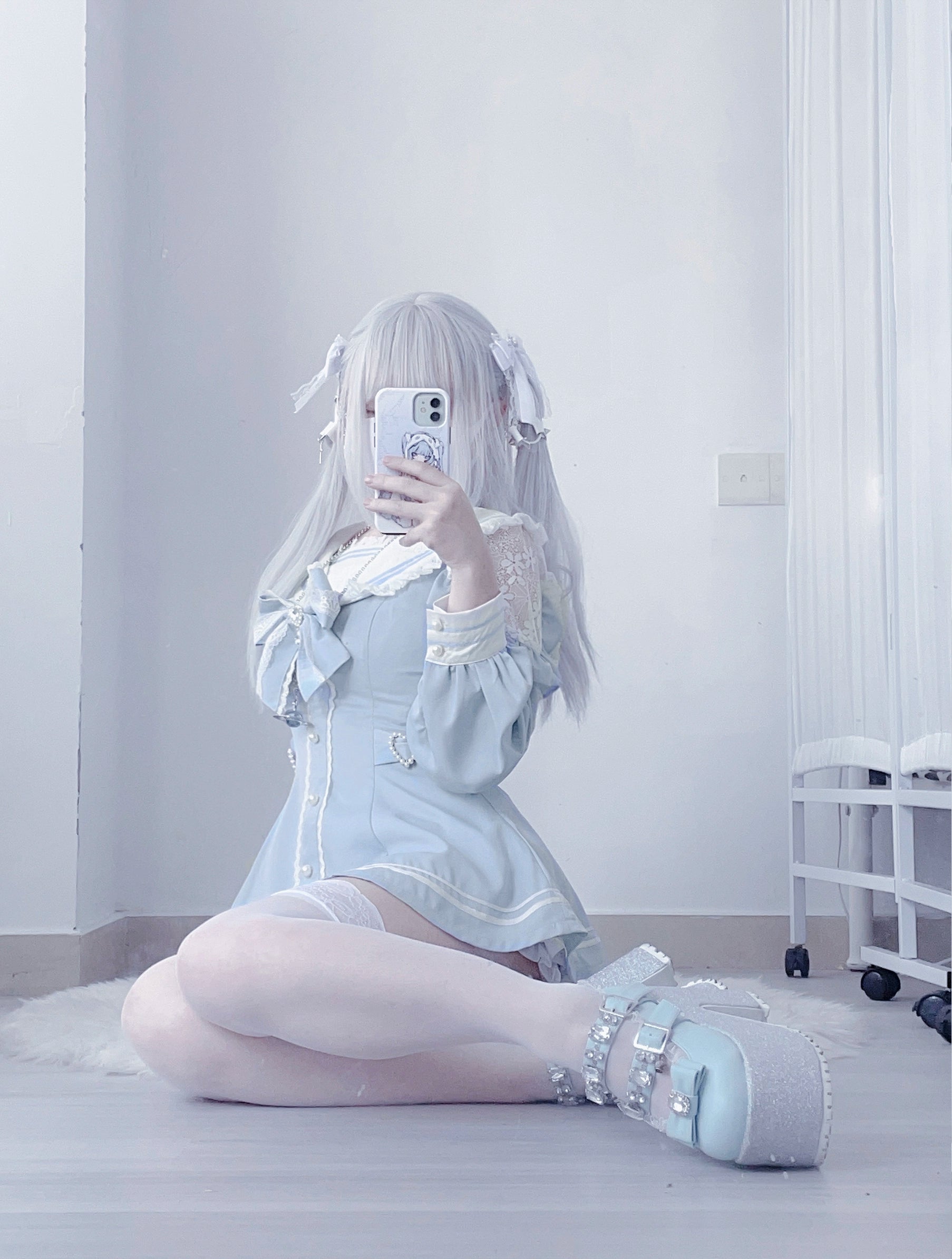 Sailor Jirai Kei dress set aqua color variant on model full-body front view with styling accessories