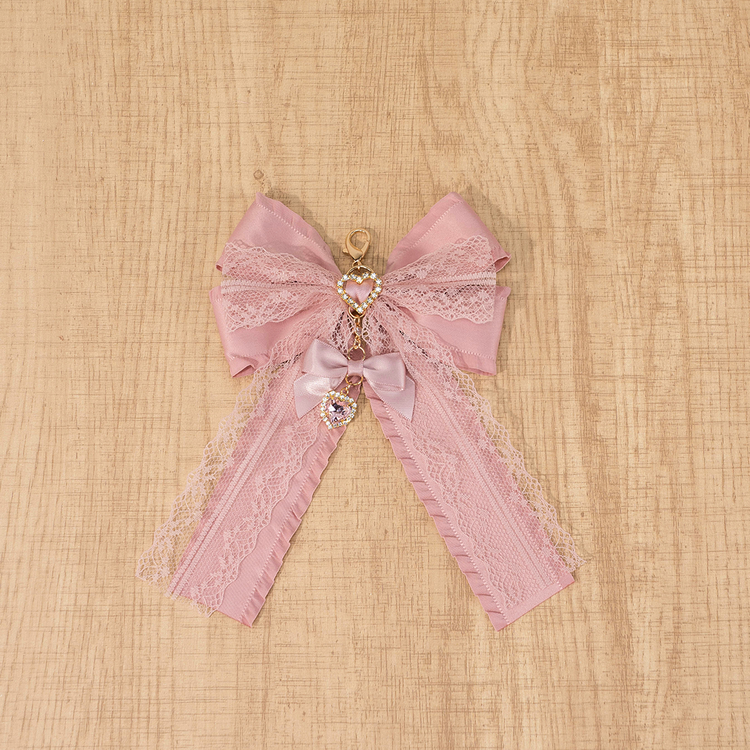 Dusty pink Jirai Kei lace bow pendant with layered bow design and rhinestone heart, handcrafted pendant charm accessory