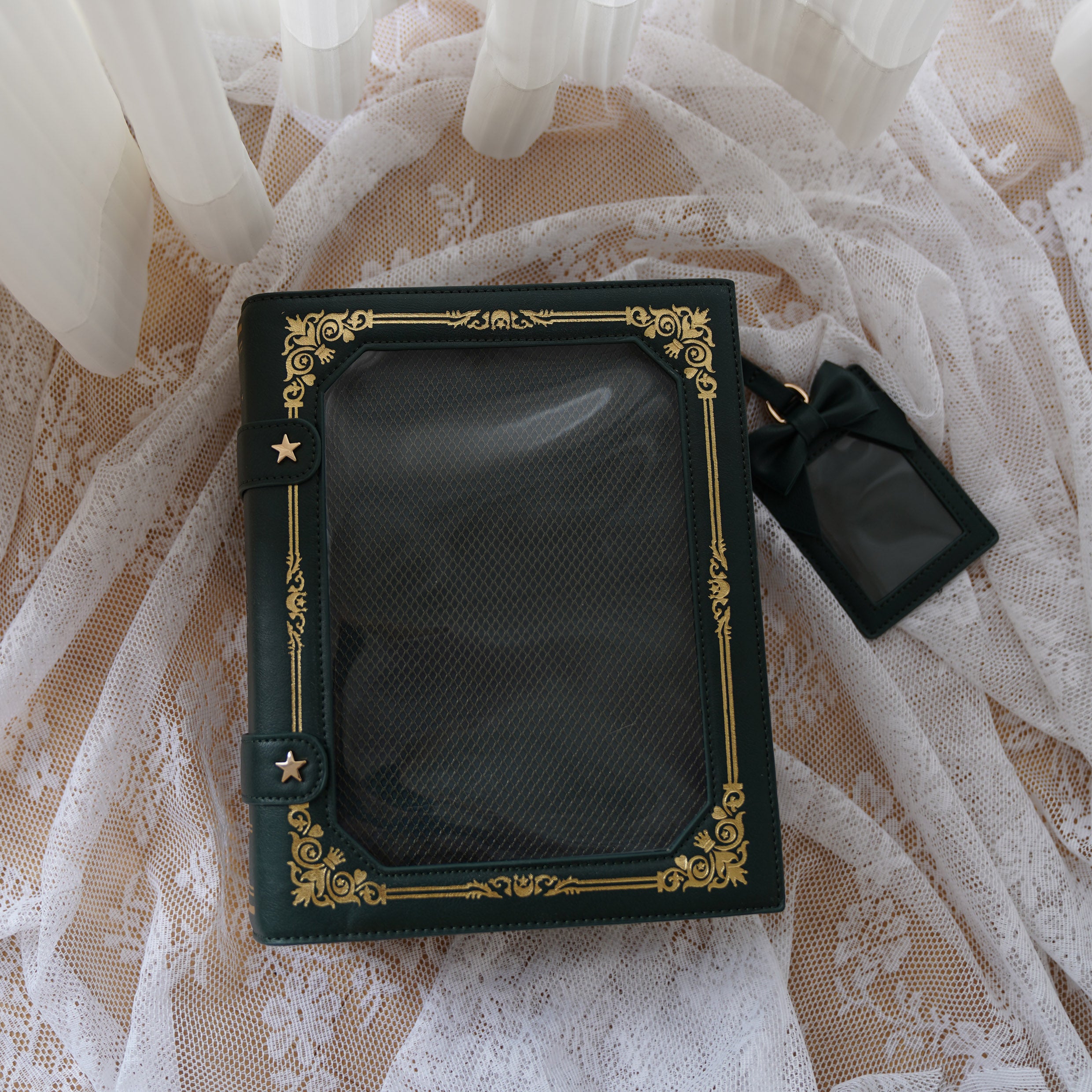 Dark green vintage grimoire Jirai Kei ita crossbody bag with gold antique border and black bow card pouch