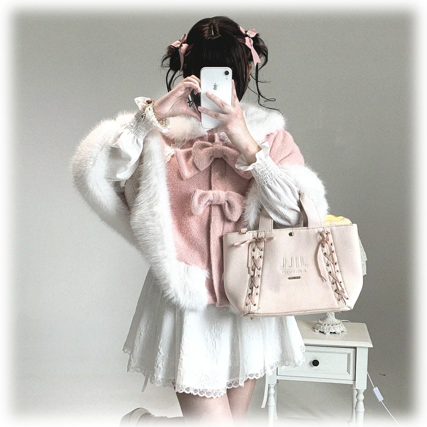 Jirai Kei bunny ear winter cape final product showcase showing complete finished piece ready for shipping