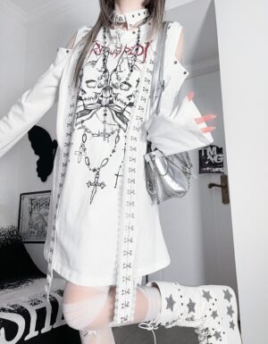 White cold-shoulder dual skulls gothic jirai kei oversized t-shirt with cross strap details and cut-out long sleeves front view