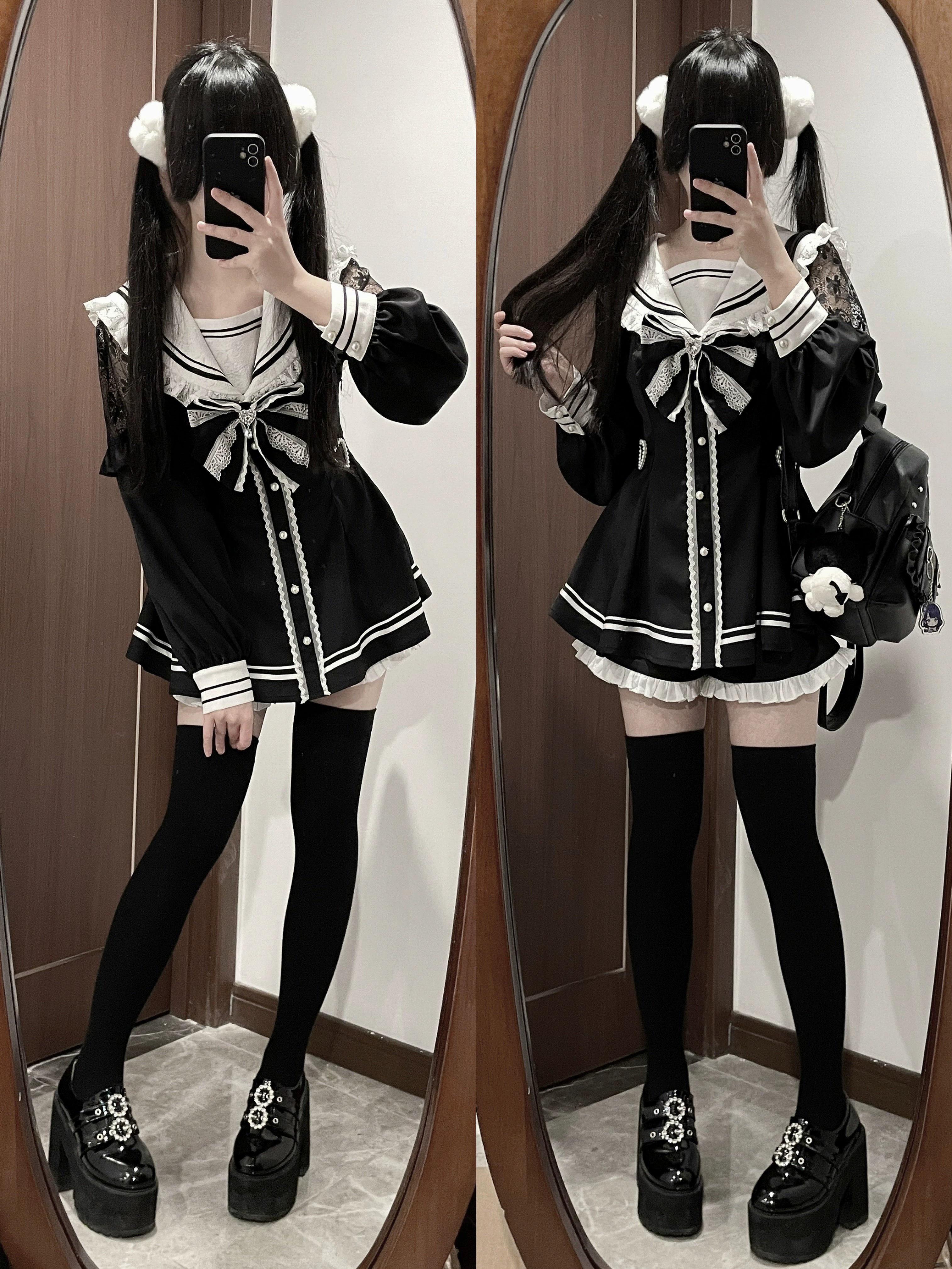 Black and white sailor Jirai Kei dress set twin mirror selfie fit check in home with white socks and platform shoes