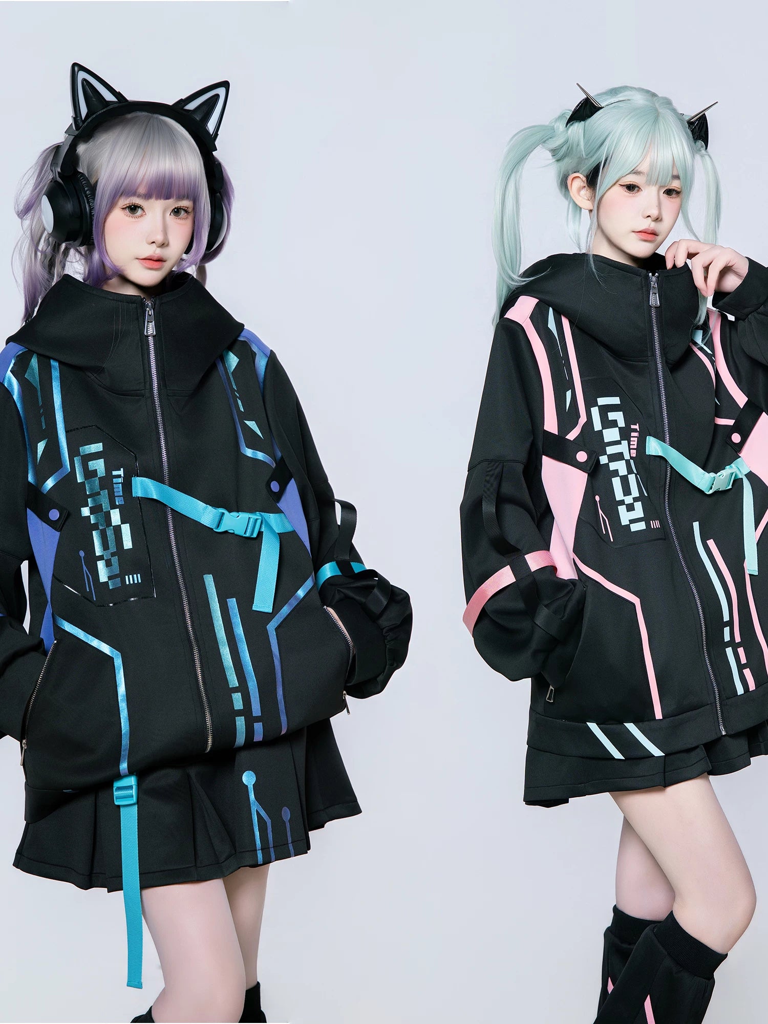 Pink and green neon color-blocked Jirai Kei techwear jacket with oversized silhouette and pleated skort detail, showcasing bold cyberpunk aesthetic paneling