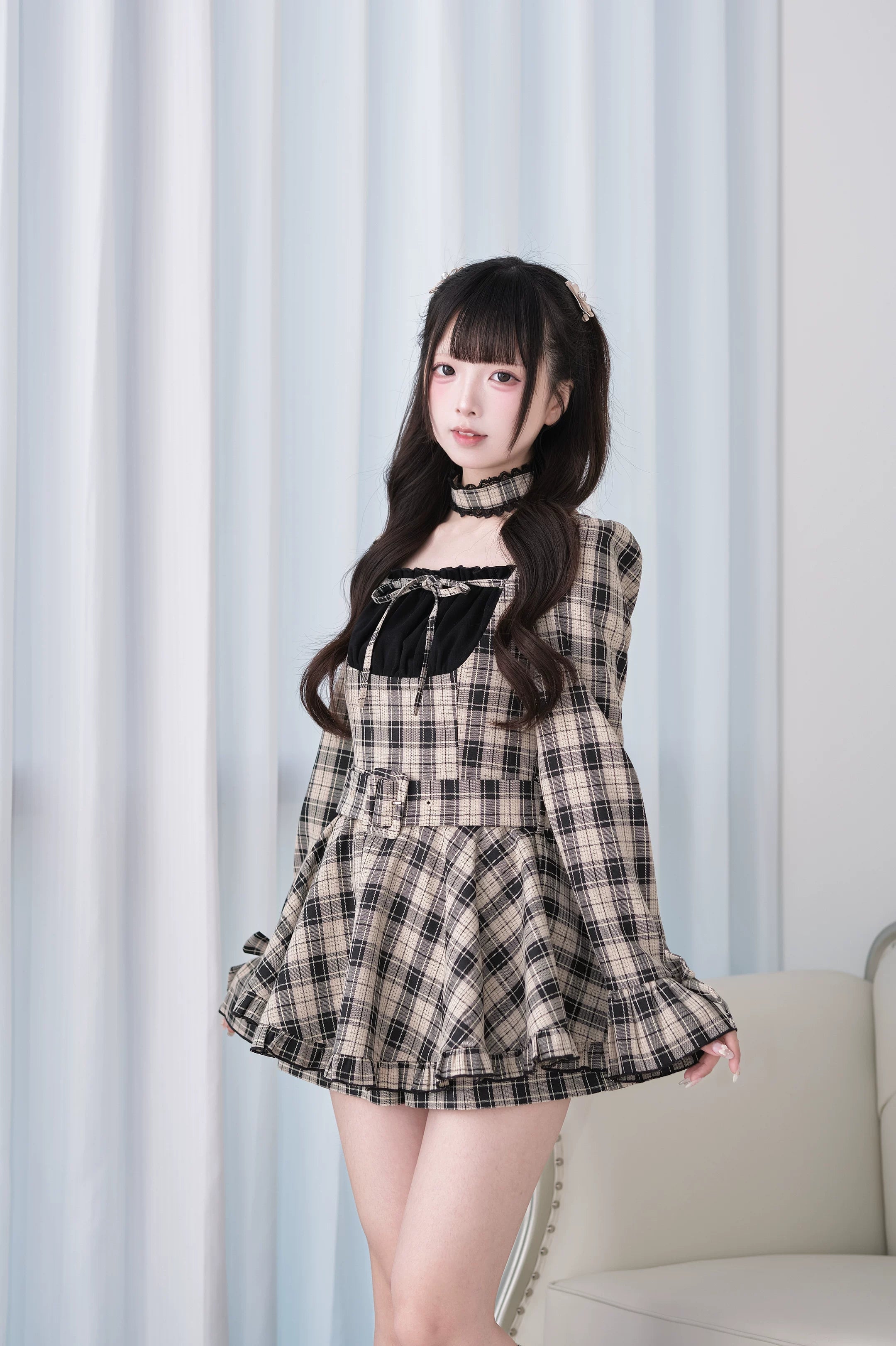 Plaid mini dress shorts pairing detail showing elastic waistband and coordinated pattern matching