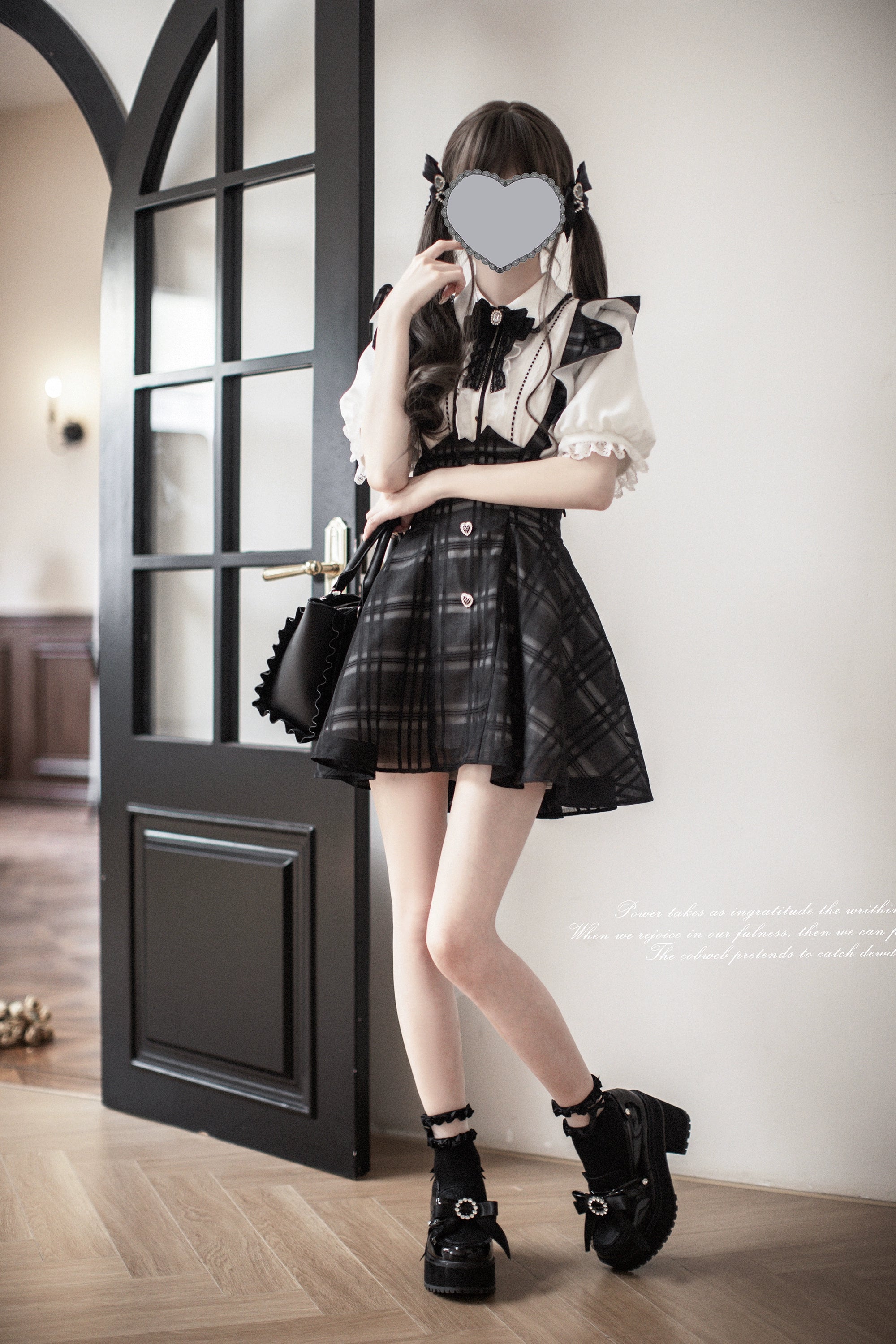 Black Plaid Jirai Kei Suspender Skirt, White Blouse - Image 11