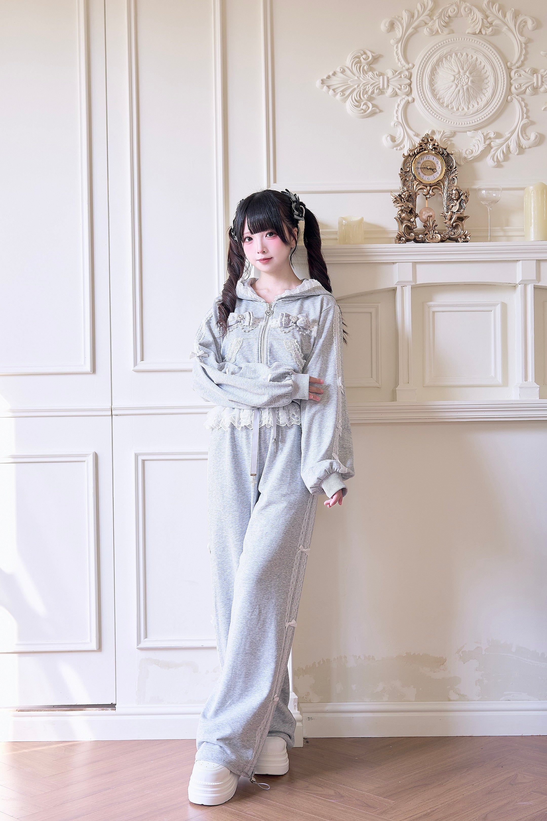 Gray Jirai Kei lace sport hoodie with wide-leg pants arms crossed front full-body shot loose athletic fit