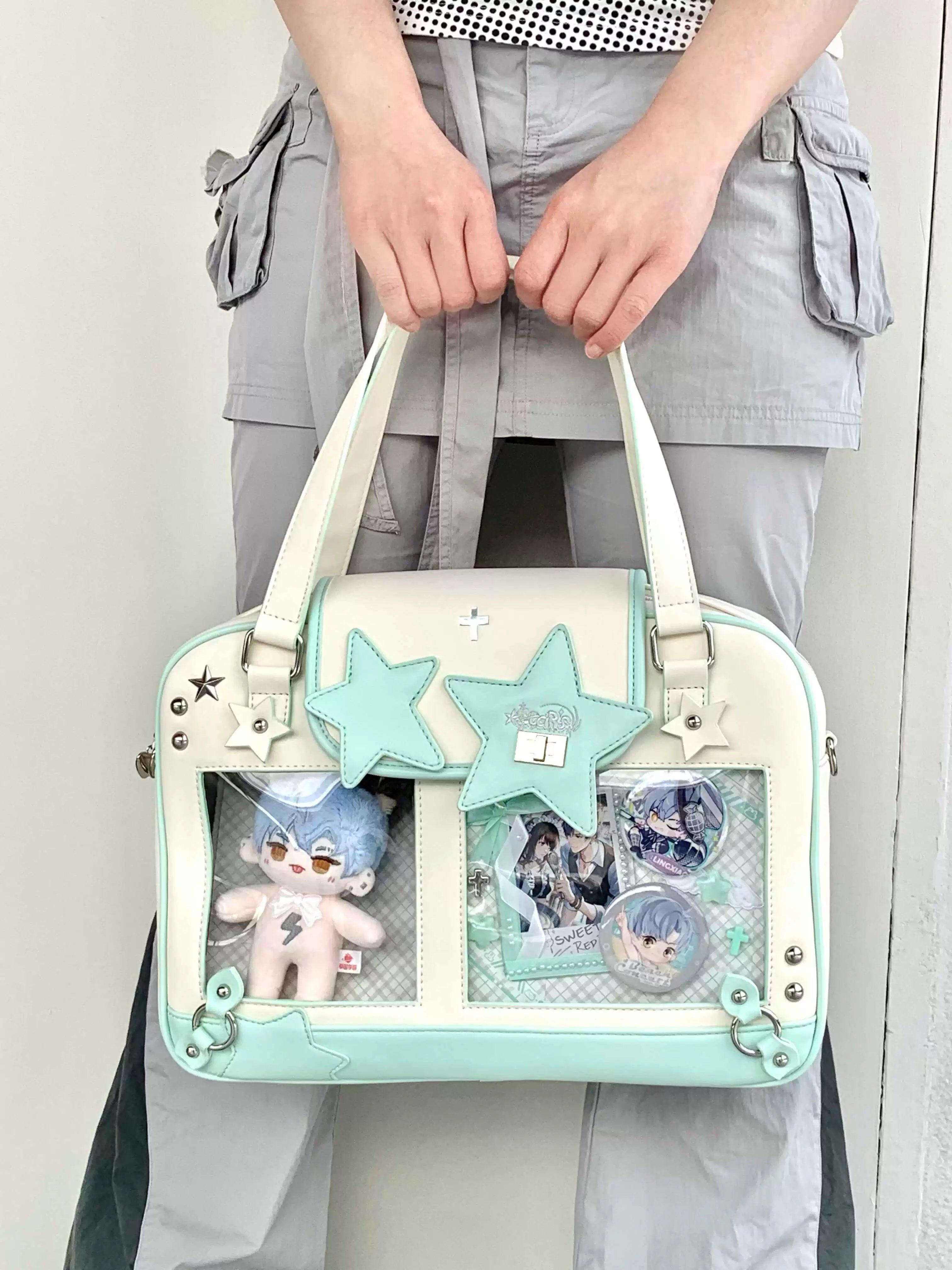 Green white star-themed Jirai Kei itabag dual display aesthetic collectible anime fashion