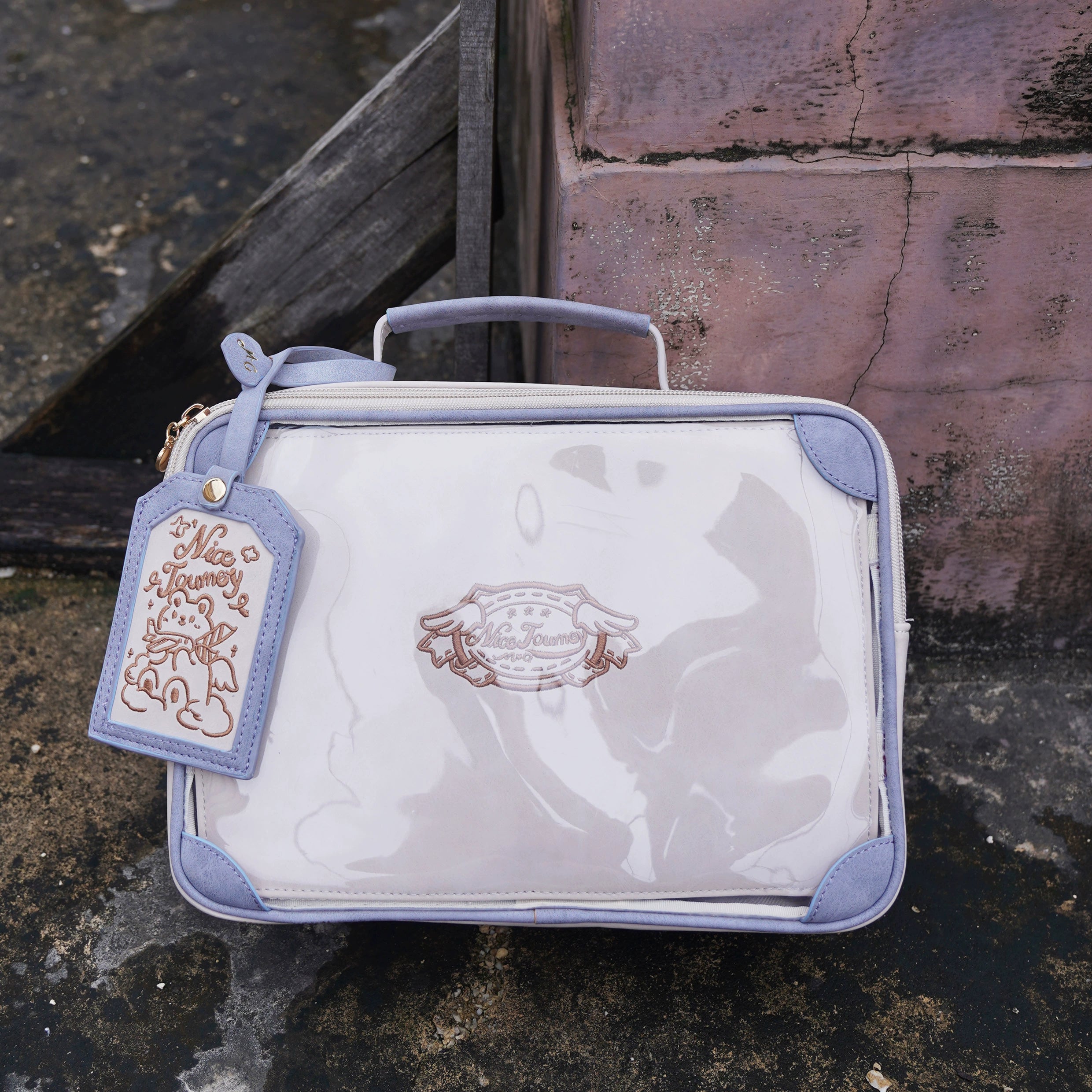 Cream grey-blue jirai kei vintage itabag cool tone color variant front display transparent panel two-tone leather rectangular structured