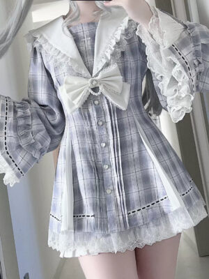 Gray Jirai Kei hime puff sleeve dress with heart-shaped buttons and removable bow tie paired with pocketed shorts, front view featuring lace-up back corset styling and gothic aesthetic