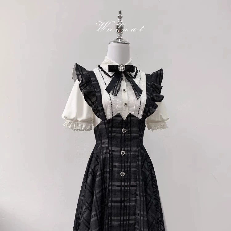 Black Plaid Jirai Kei Suspender Skirt, White Blouse - Image 22
