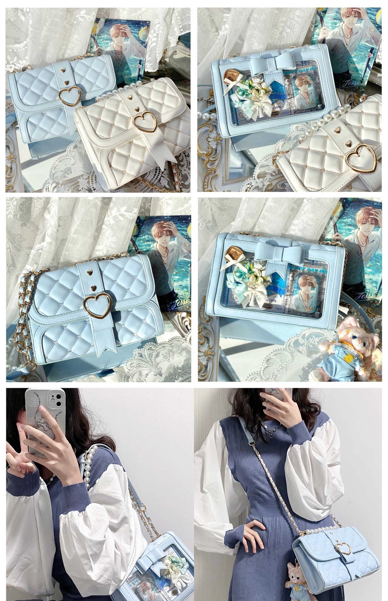 Multi-color jirai kei ita bags with rhombus pattern and bow decoration showcasing transparent slots for anime collectibles