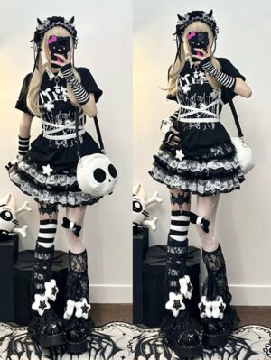 Black Jirai Kei sailor collar anime blouse with white anime character print and oversized sailor collar, dual full front side-by-side model shots showing loose fit and gothic aesthetic