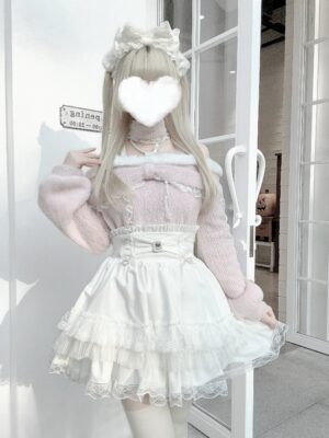tiered lace jirai kei skirt white off-shoulder fuzzy sweater sweet lolita front full-body view cute aesthetic