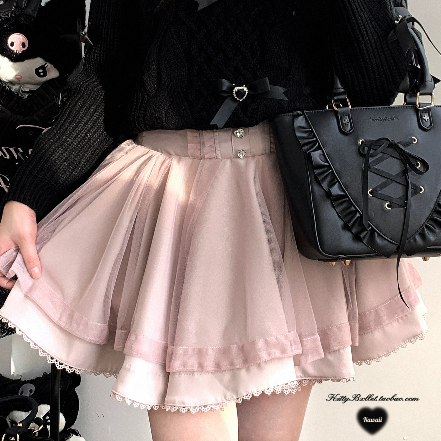 Pink double-layered tulle Jirai Kei mini skirt main product photography showcasing all design elements and color