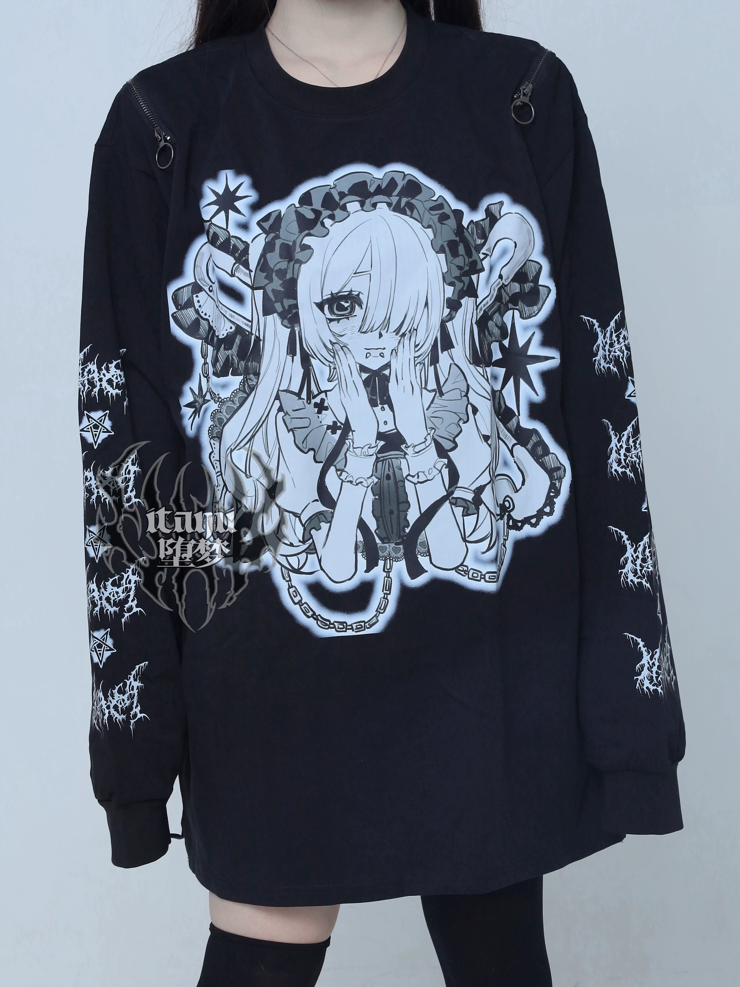 Front flat-lay gothic anime graphic long-sleeve tee black base detailed yandere print thorn sleeve hardware ring details