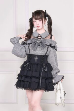 Plaid sheer cold-shoulder Jirai Kei blouse with Peter Pan collar and flounce hem front view - gingham pattern alternative fashion