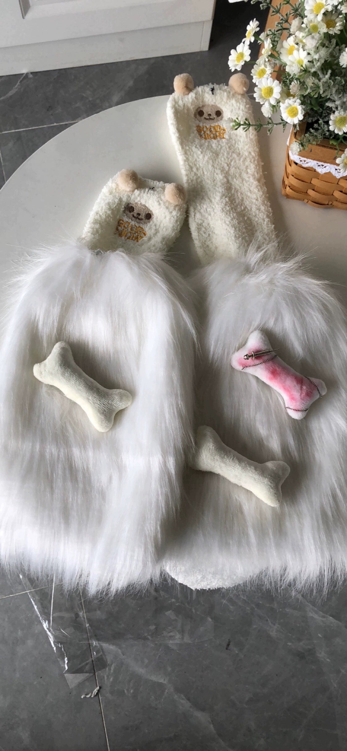 Plush leg warmer and knee sock individual styling flat lay product photography Jirai Kei Y2K fashion accessories detail