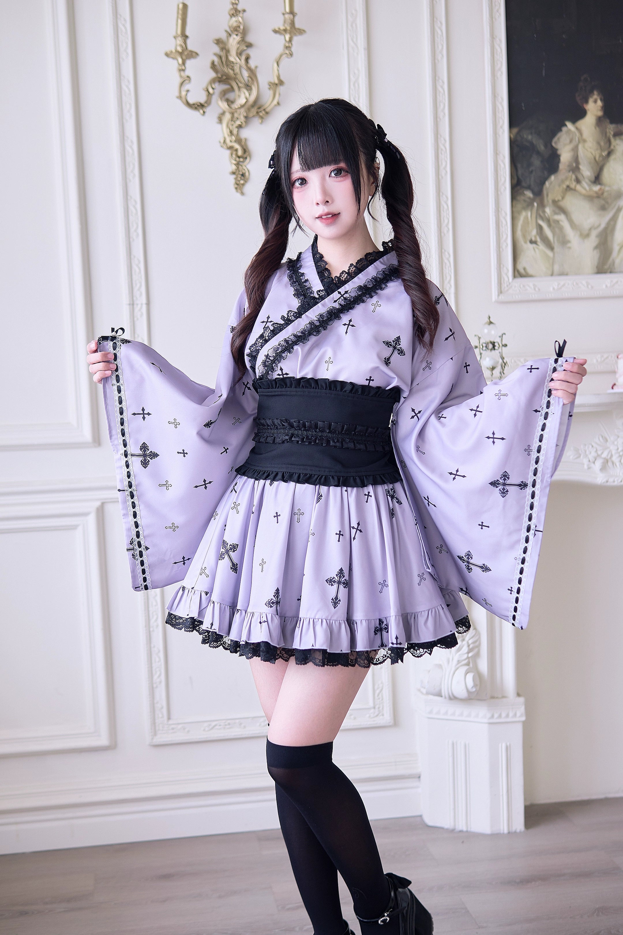 Lavender purple Jirai Kei kimono blouse outfit with black ruffle edges and cross print pattern - full front view with black wide obi belt and ruffled mini skirt