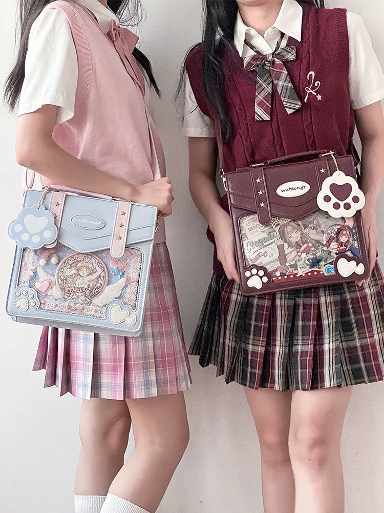 crossbody jirai kei jk ita bags two girls school uniforms light blue wine red colors clear printed display windows side view