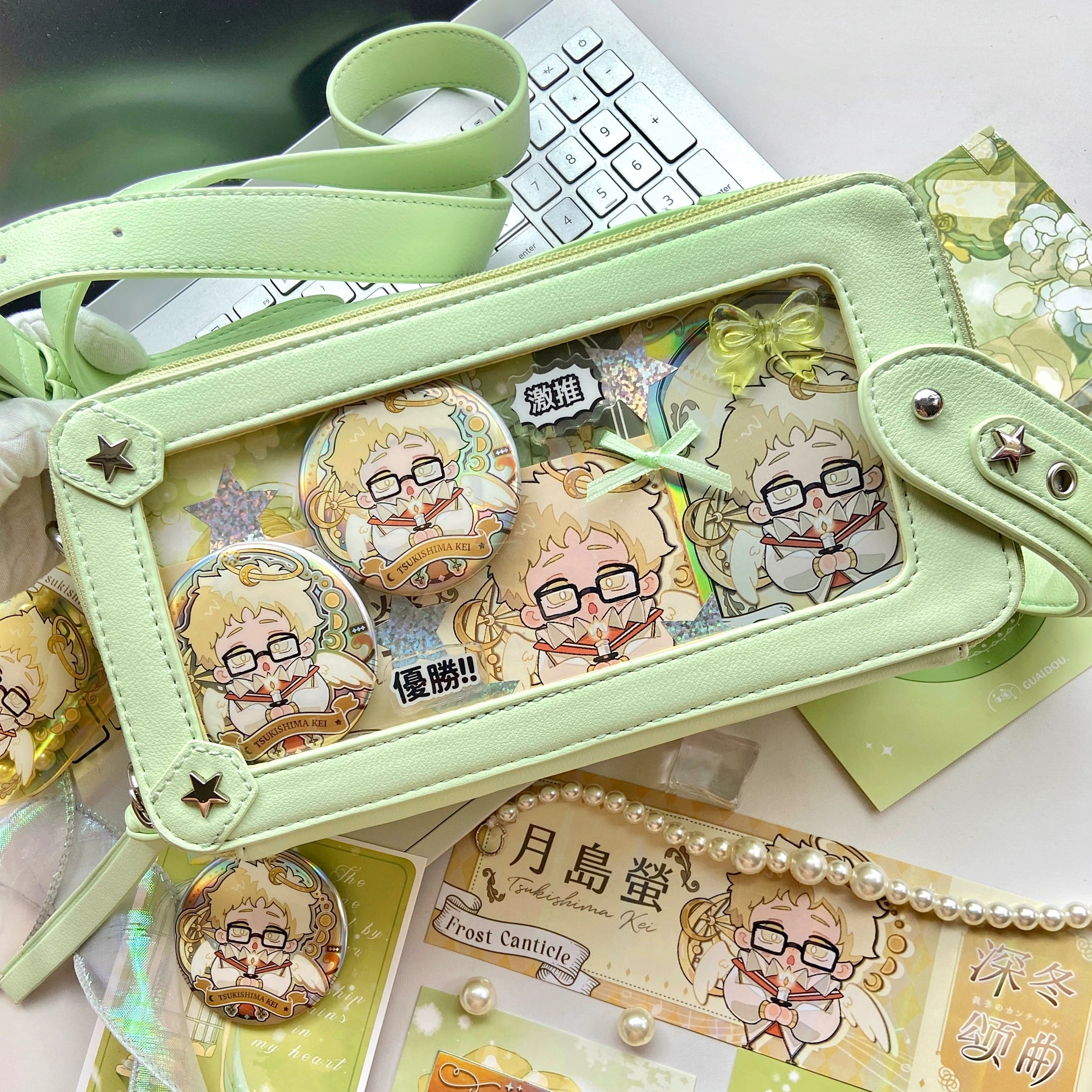 Jirai kei brick itabag showing both front and back transparent display windows dual window feature showcase