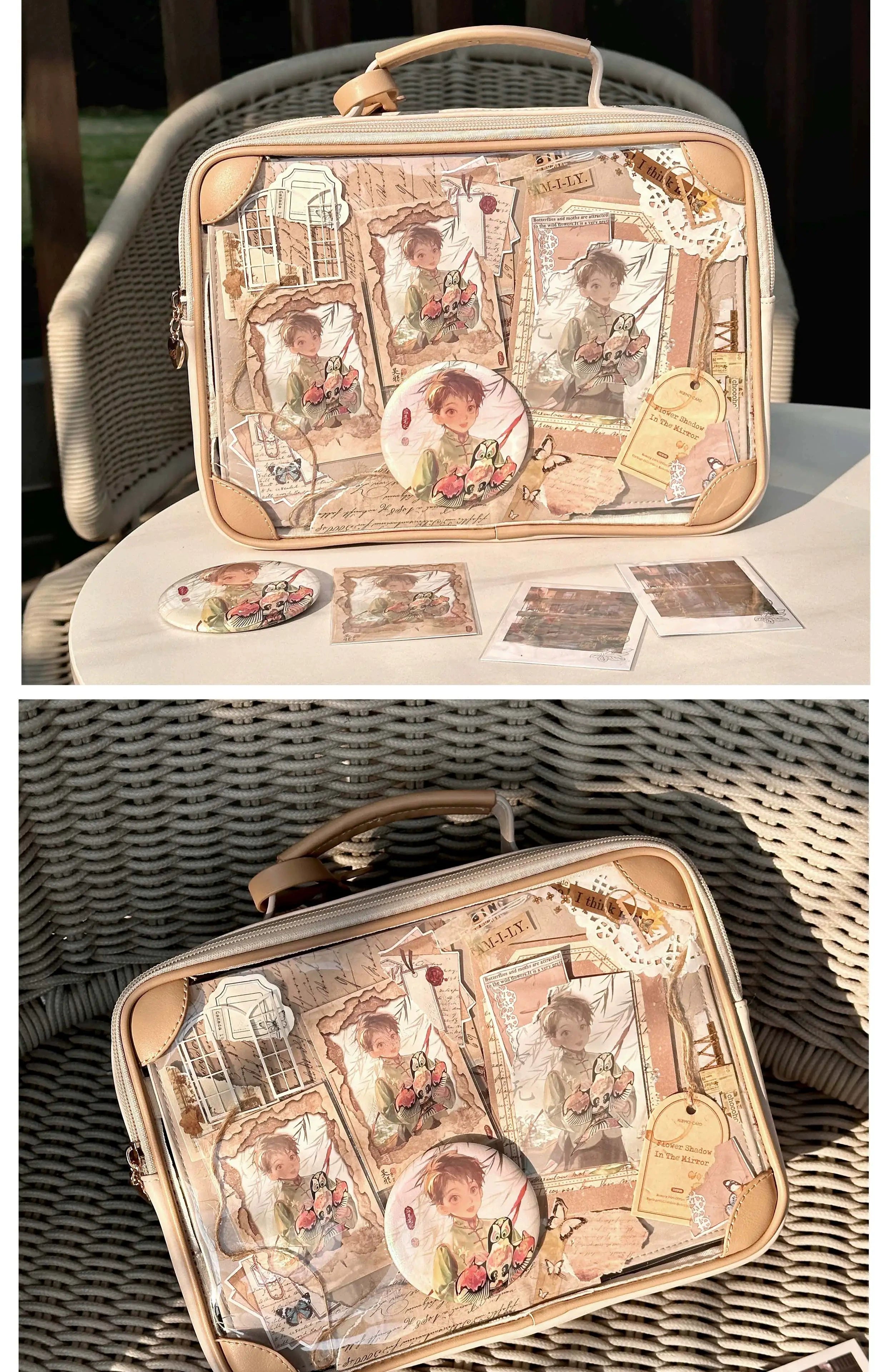 Jirai Kei vintage square itabag display close-up transparent acrylic panel anime character arrangement grid board modular collectibles showcase