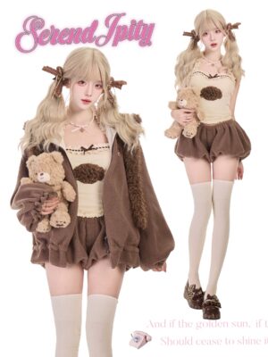 Dual model styling inspiration for bear ear Jirai Kei hoodie outfit set showing two different cute girl posing options with thigh-high socks and oversized brown fleece jacket against romantic pink text background