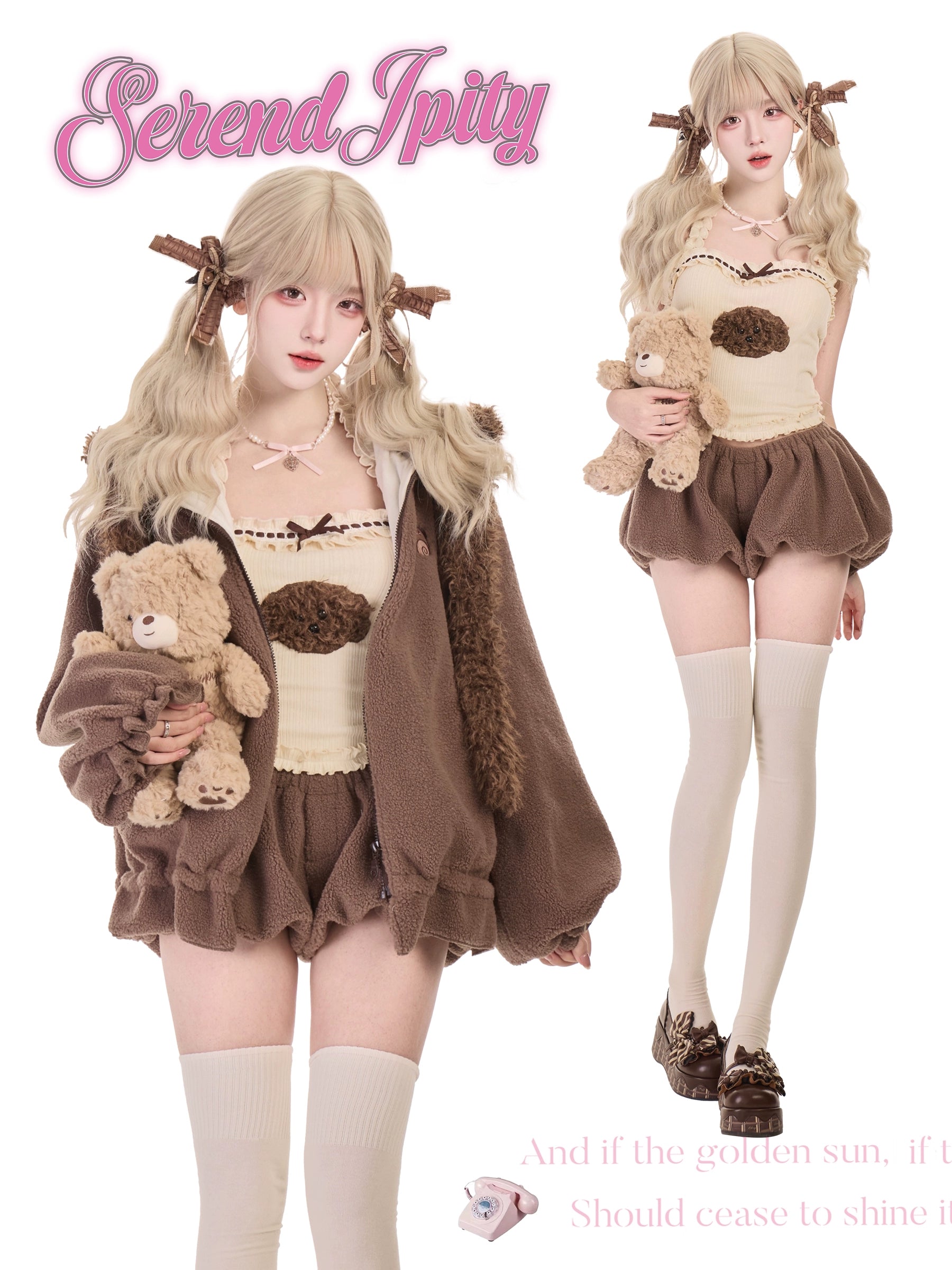 Dual model styling inspiration for bear ear Jirai Kei hoodie outfit set showing two different cute girl posing options with thigh-high socks and oversized brown fleece jacket against romantic pink text background