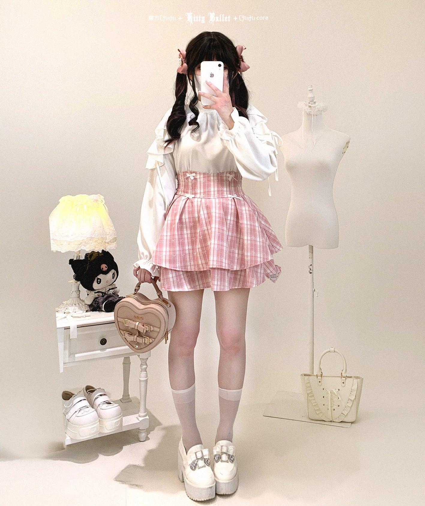 Cold-shoulder ruffled chiffon blouse Jirai Kei aesthetic color comparison white black pink options