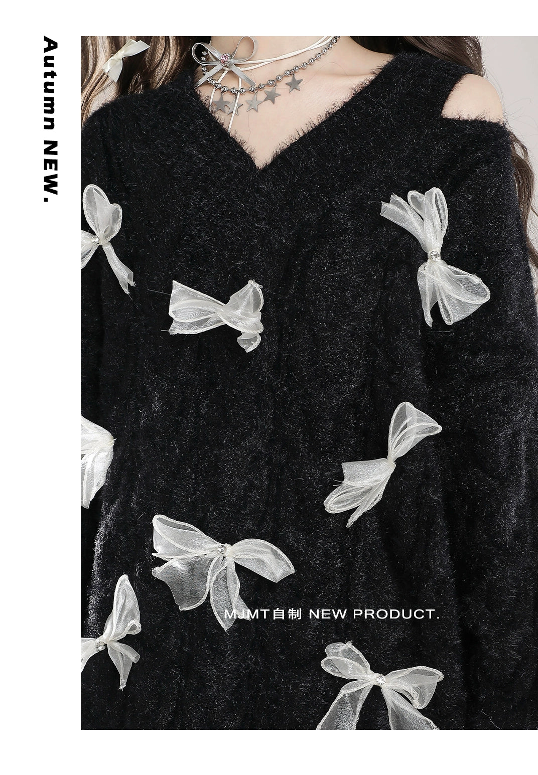 Detailed close-up of black fuzzy knit Jirai Kei sweater featuring sheer white ribbon bows and V-neck cold-shoulder neckline, upper body texture showcase