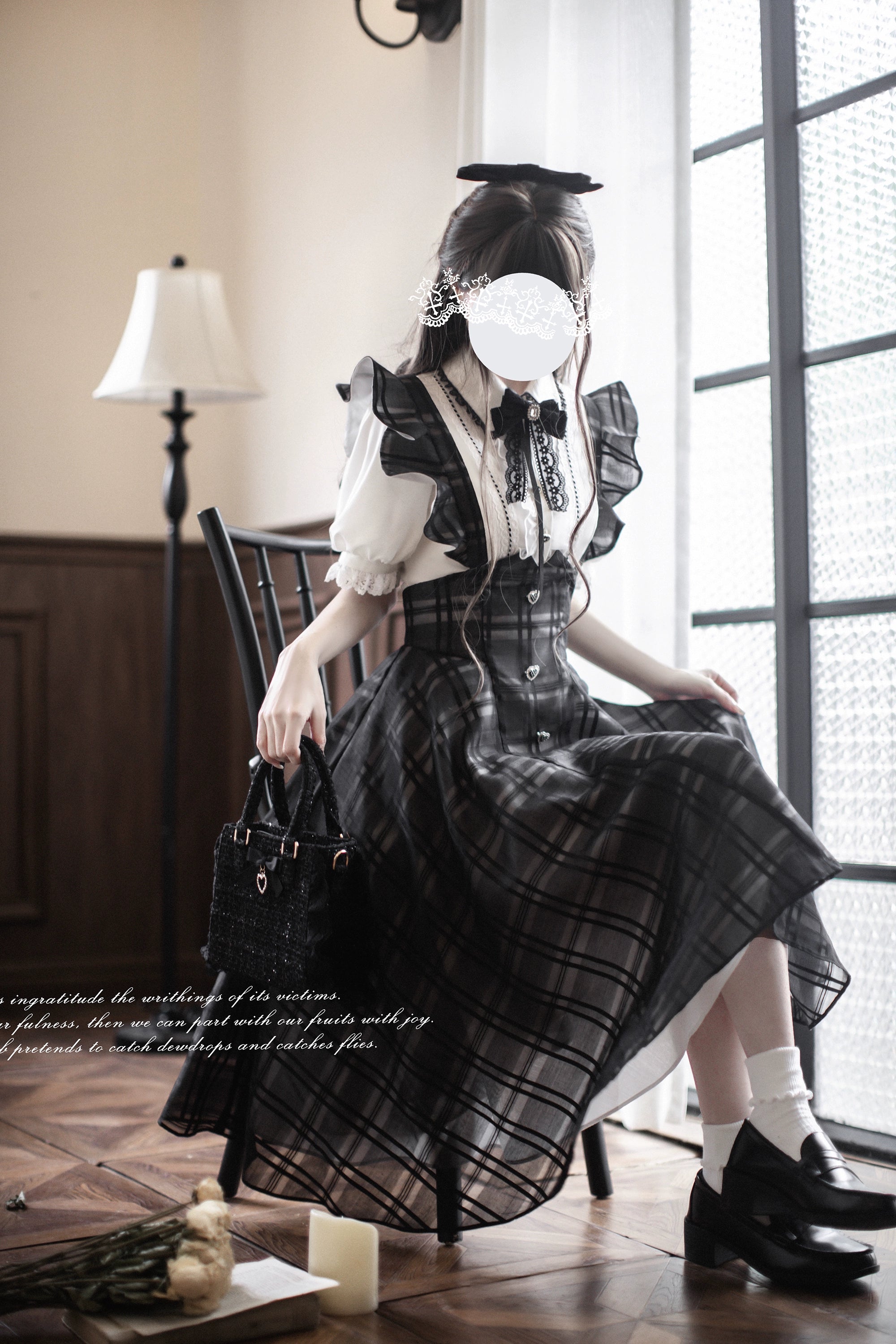 Black Plaid Jirai Kei Suspender Skirt, White Blouse - Image 5